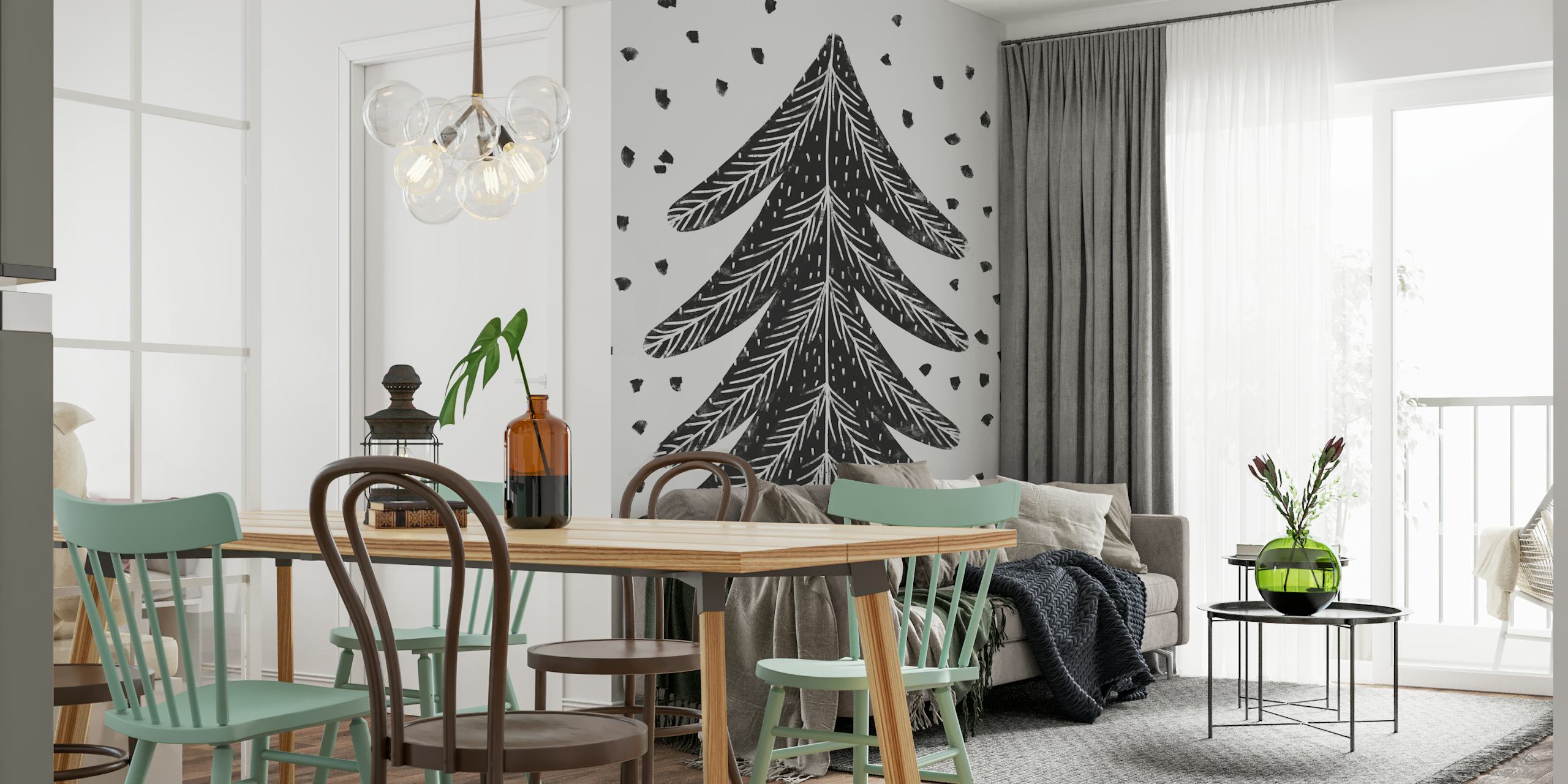 Black pine tree illustration on gray background wallpaper