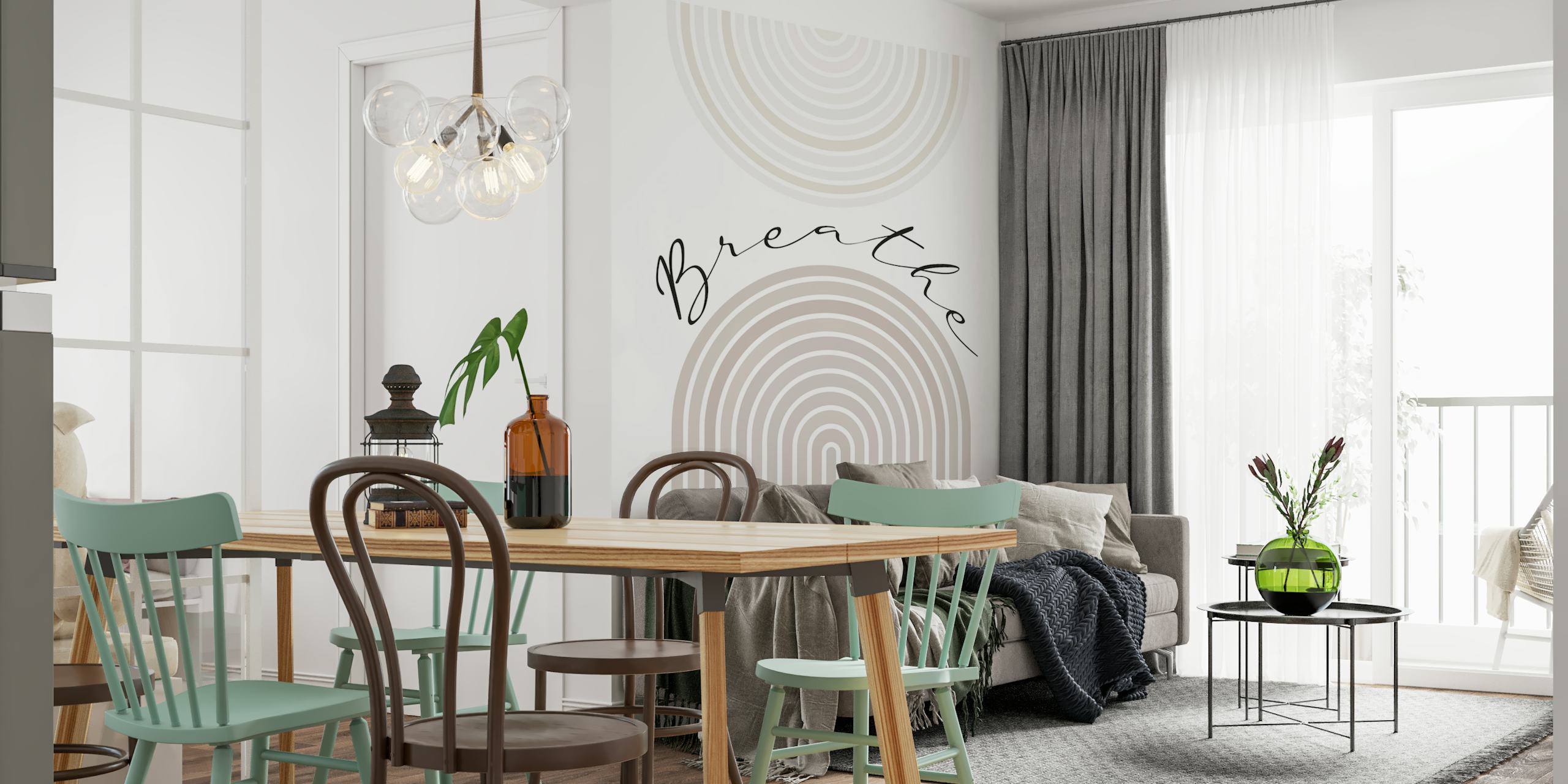 Neutral arched lines with text 'Breathe' in black ink wallpaper
