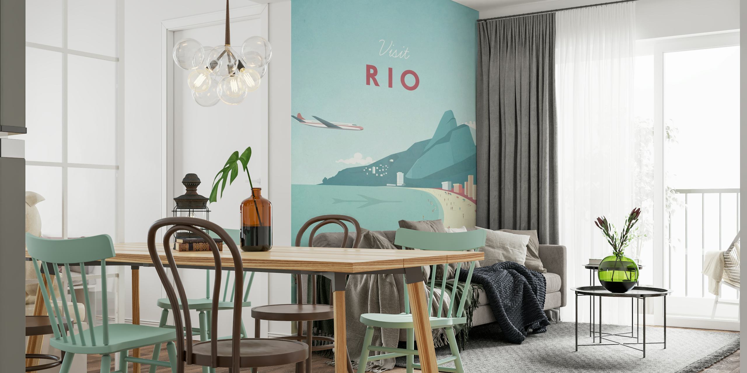 Stylized vintage travel poster wall mural with 'Visit Rio' text, featuring Rio de Janeiro's beach, mountain, and cityscape