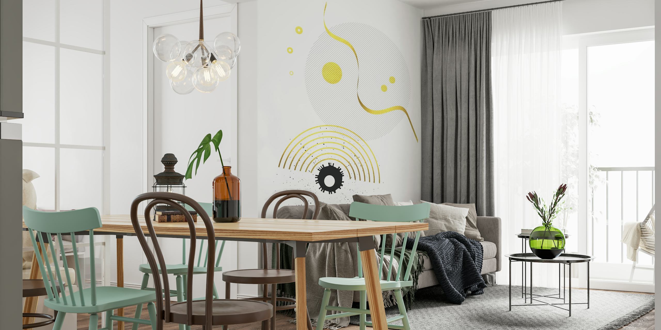 Abstract graphic art wall mural featuring geometric shapes in gold, yellow, and black