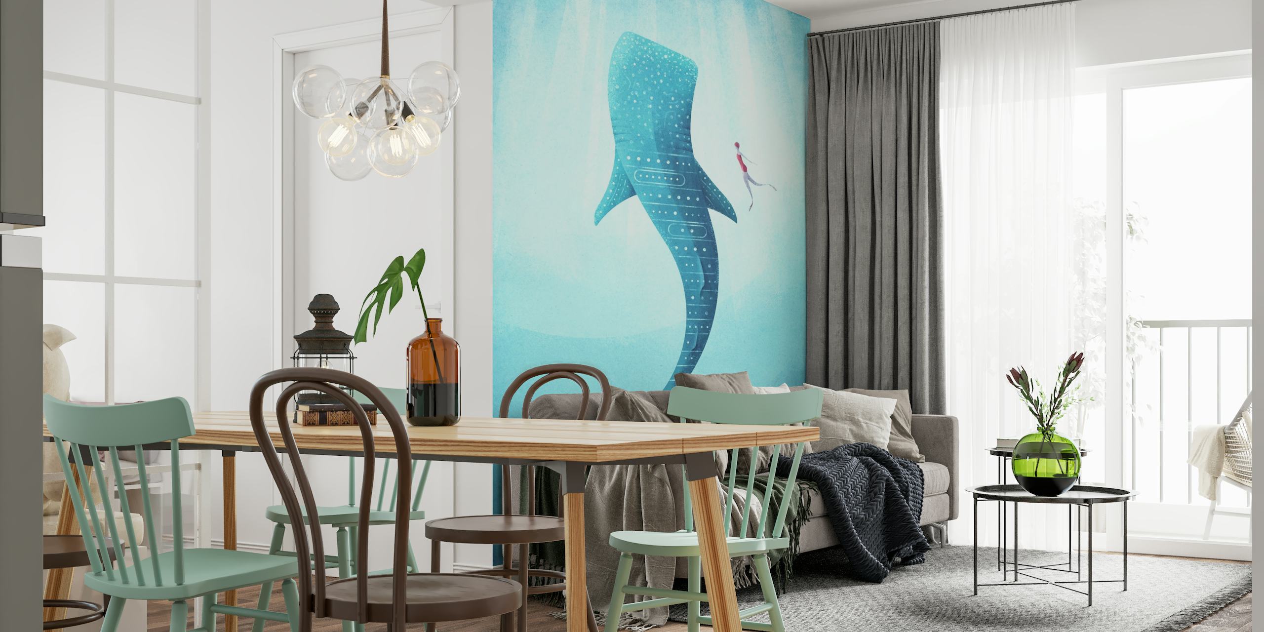 Blue whale shark wall mural with underwater scene