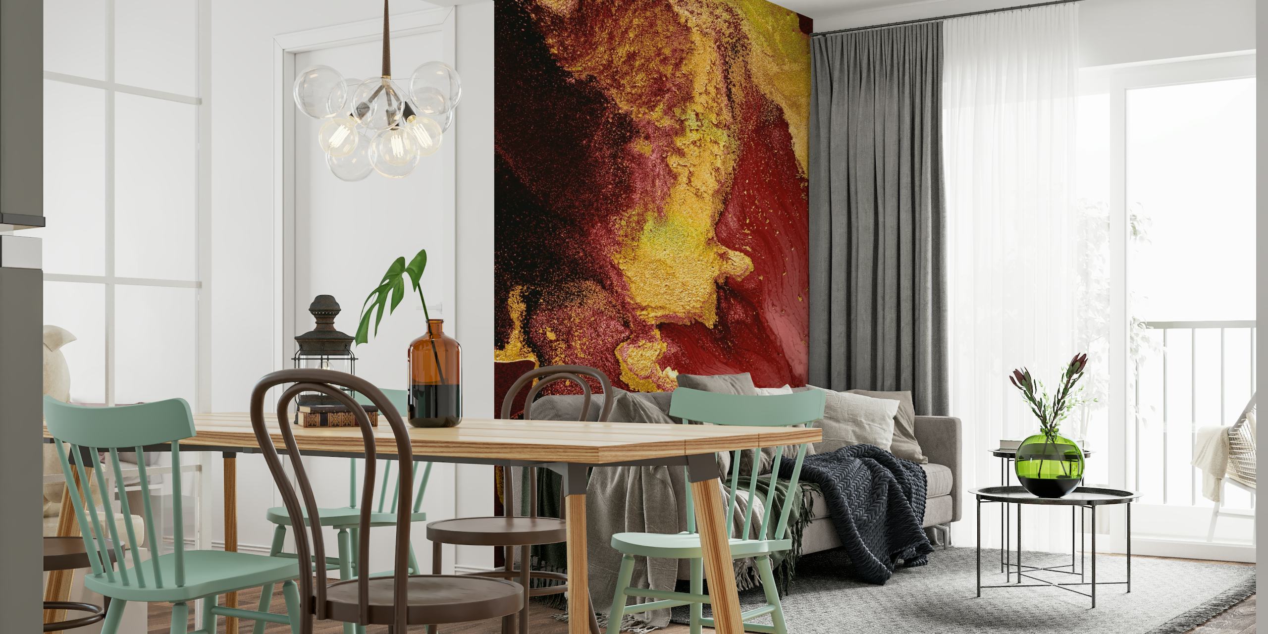 Gyldent og rødt abstrakt vægmaleri med hvirvlende nuancer og tekstureret udseende for et luksuriøst look