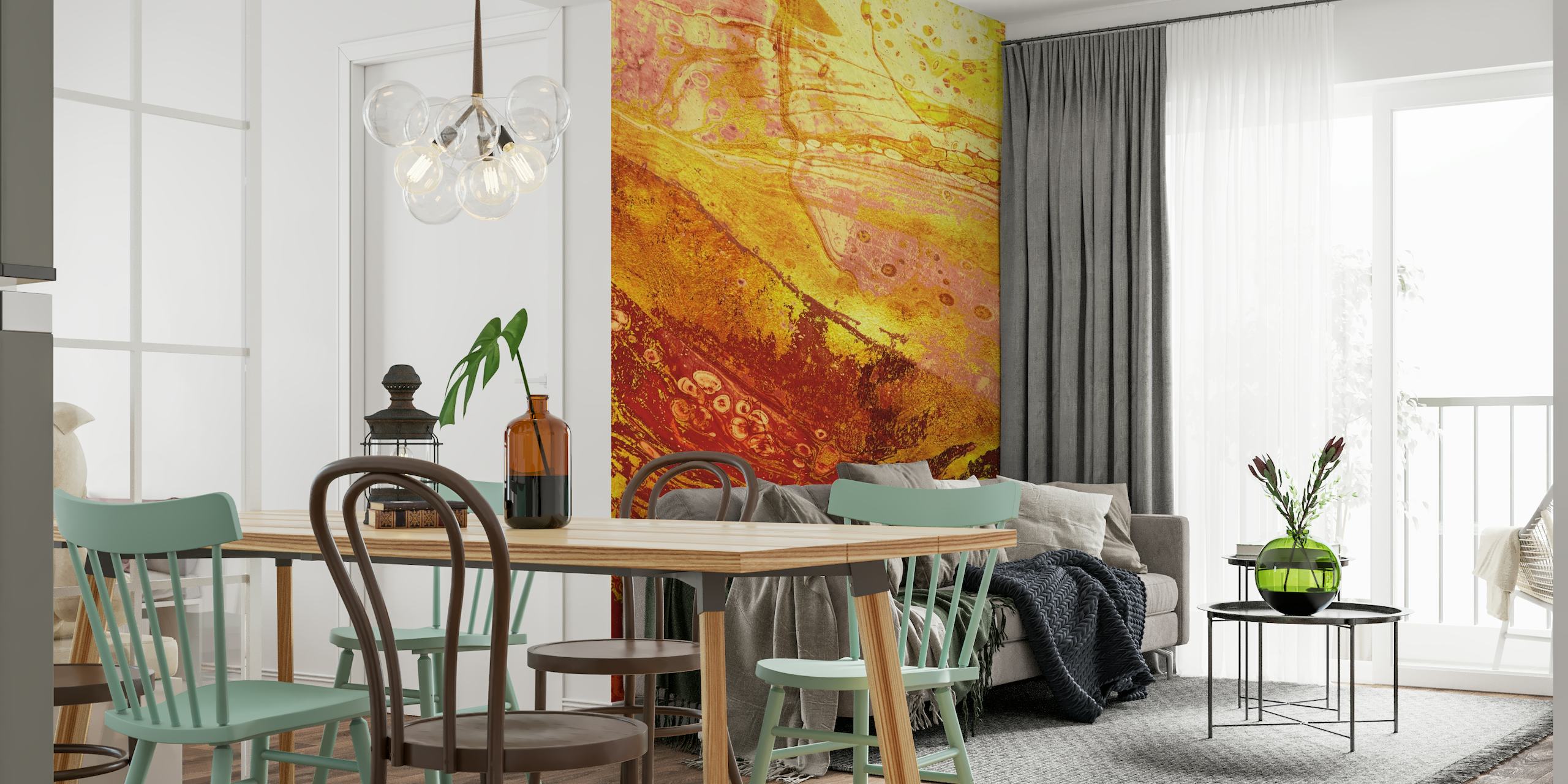 Abstract wall mural with golden and red swirls and patterns