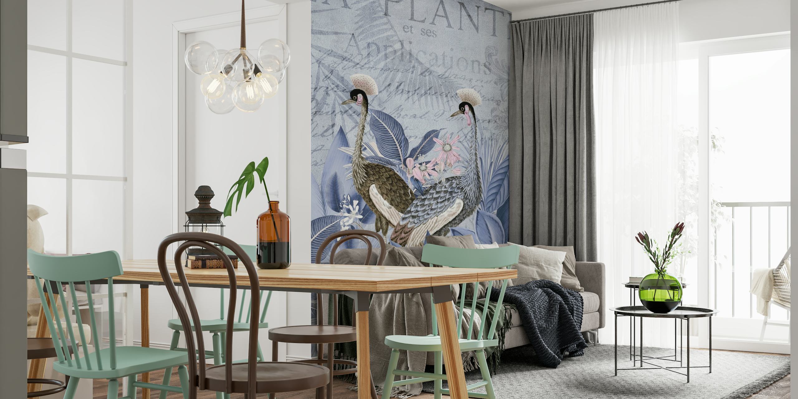 Elegant blue cranes among foliage and vintage script on a wall mural