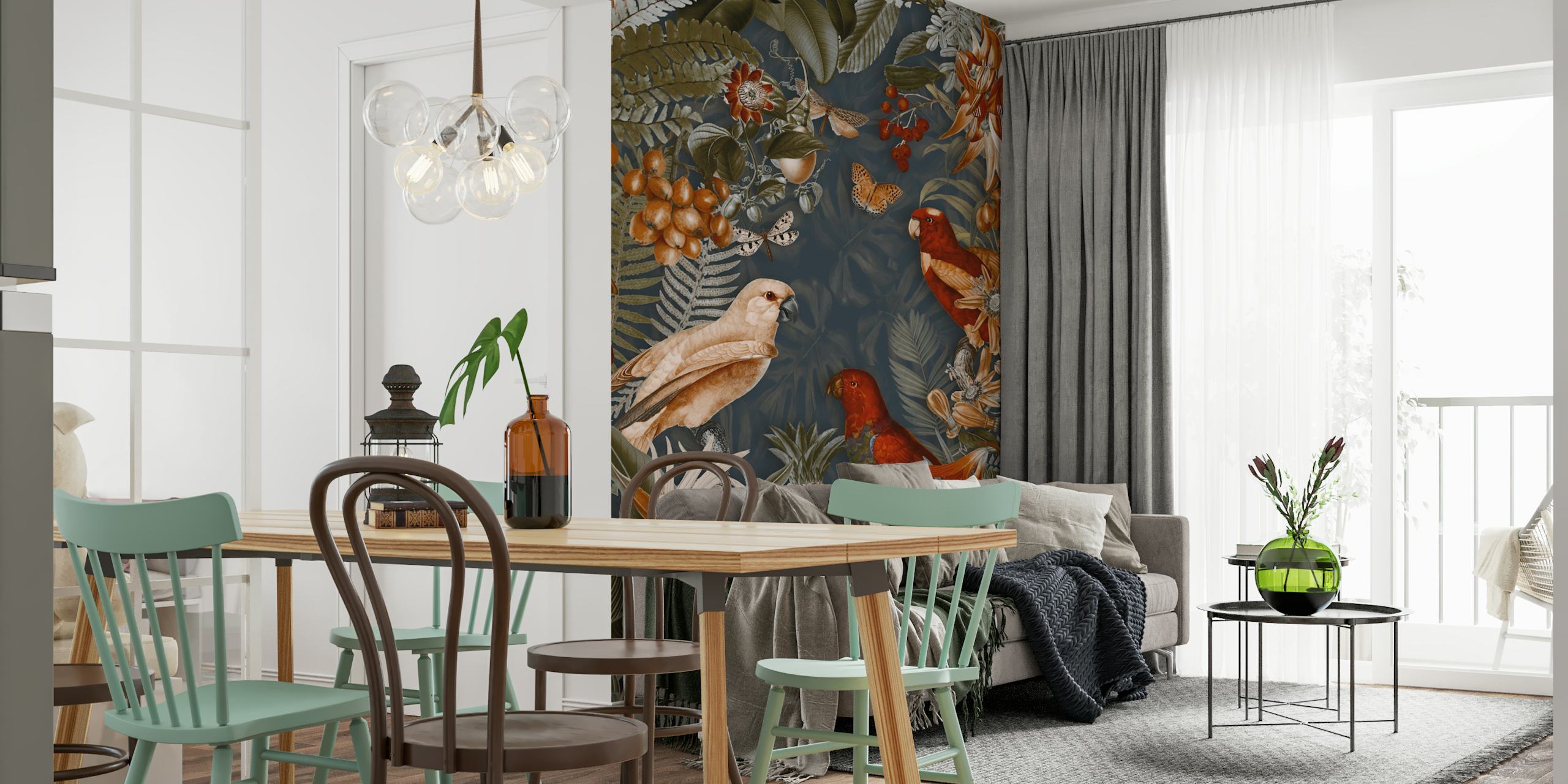 Midnight Jungle Parrots tapetti huoneessa