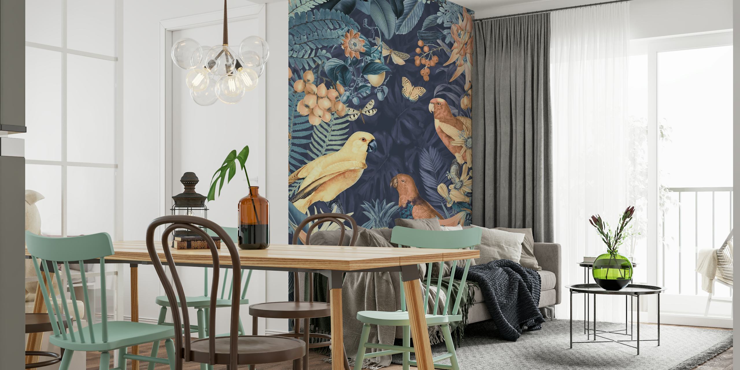 Tropical Blue Midnight Jungle with colorful Parrots wall mural