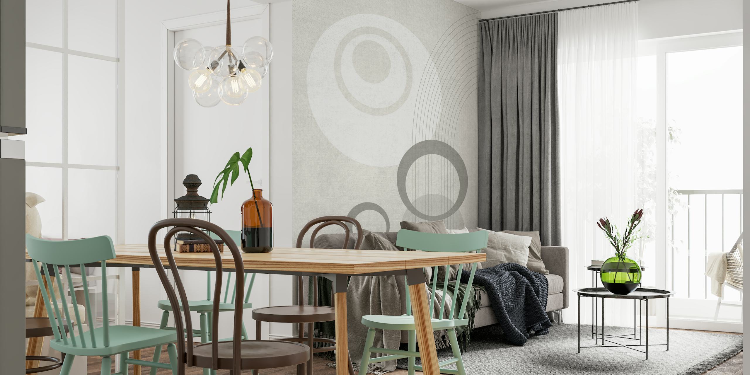 Mid-Century Modern - Joy wall mural depicting abstract geometric shapes in a monochromatic palette.