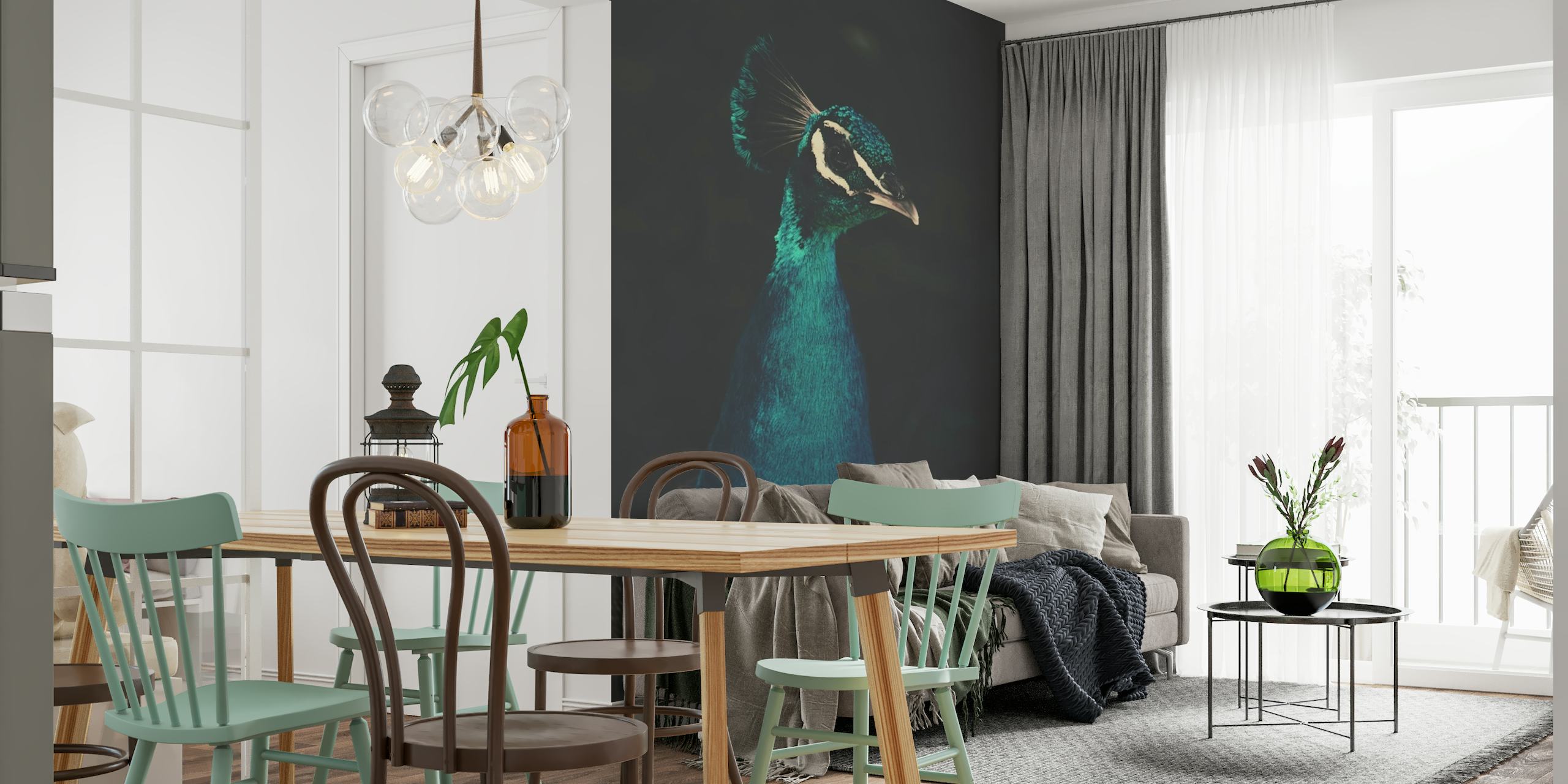 Elegant peacock wall mural with vibrant turquoise and emerald feathers
