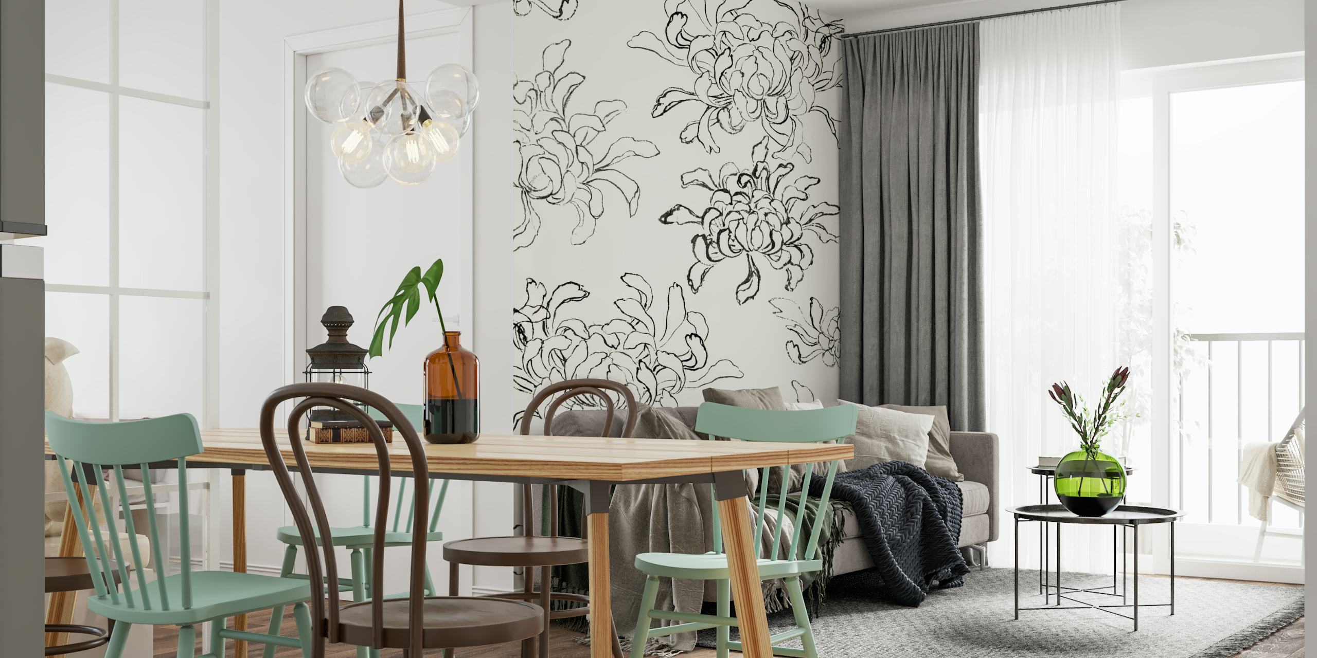 Vintage chrysanthemum wallpaper design in a room