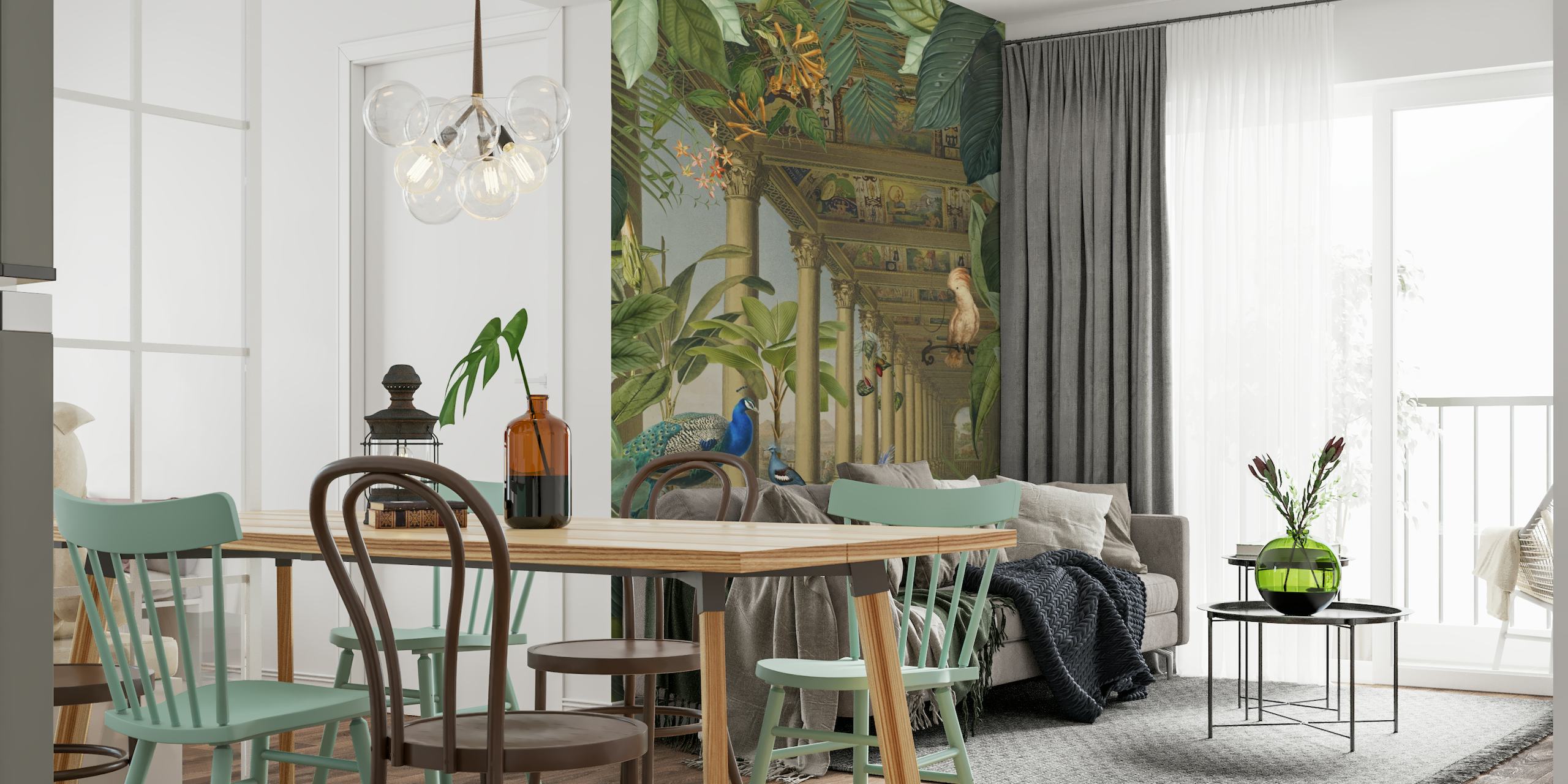 Exotic jungle and peacock-themed wall mural with antique architecture
