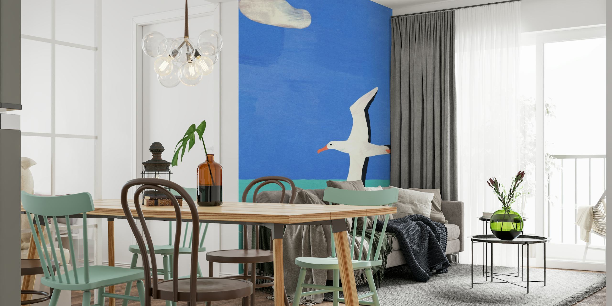 Wall mural of a seagull flying over a stylized blue ocean with a single cloud in the sky, evoking a serene coastal vibe
