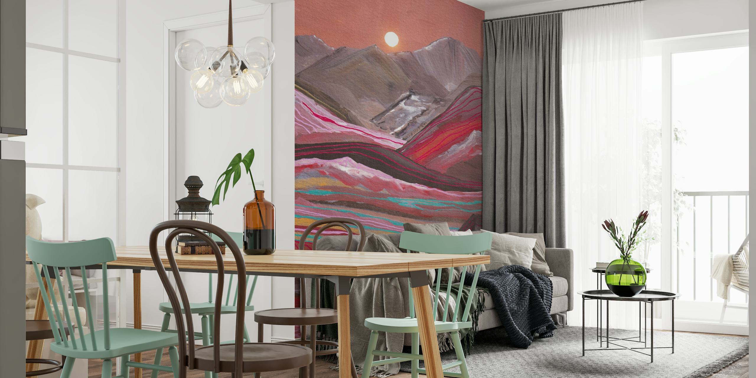 Artistic wall mural of colorful rainbow-striped mountains under a full moon