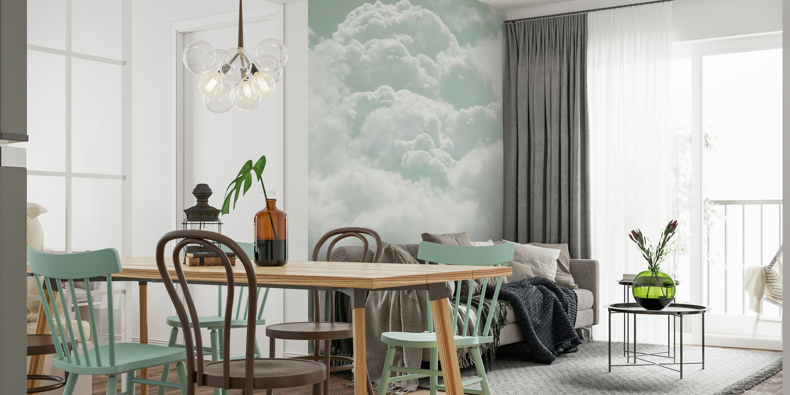 Fluffy white clouds wall mural in shades of blue and white