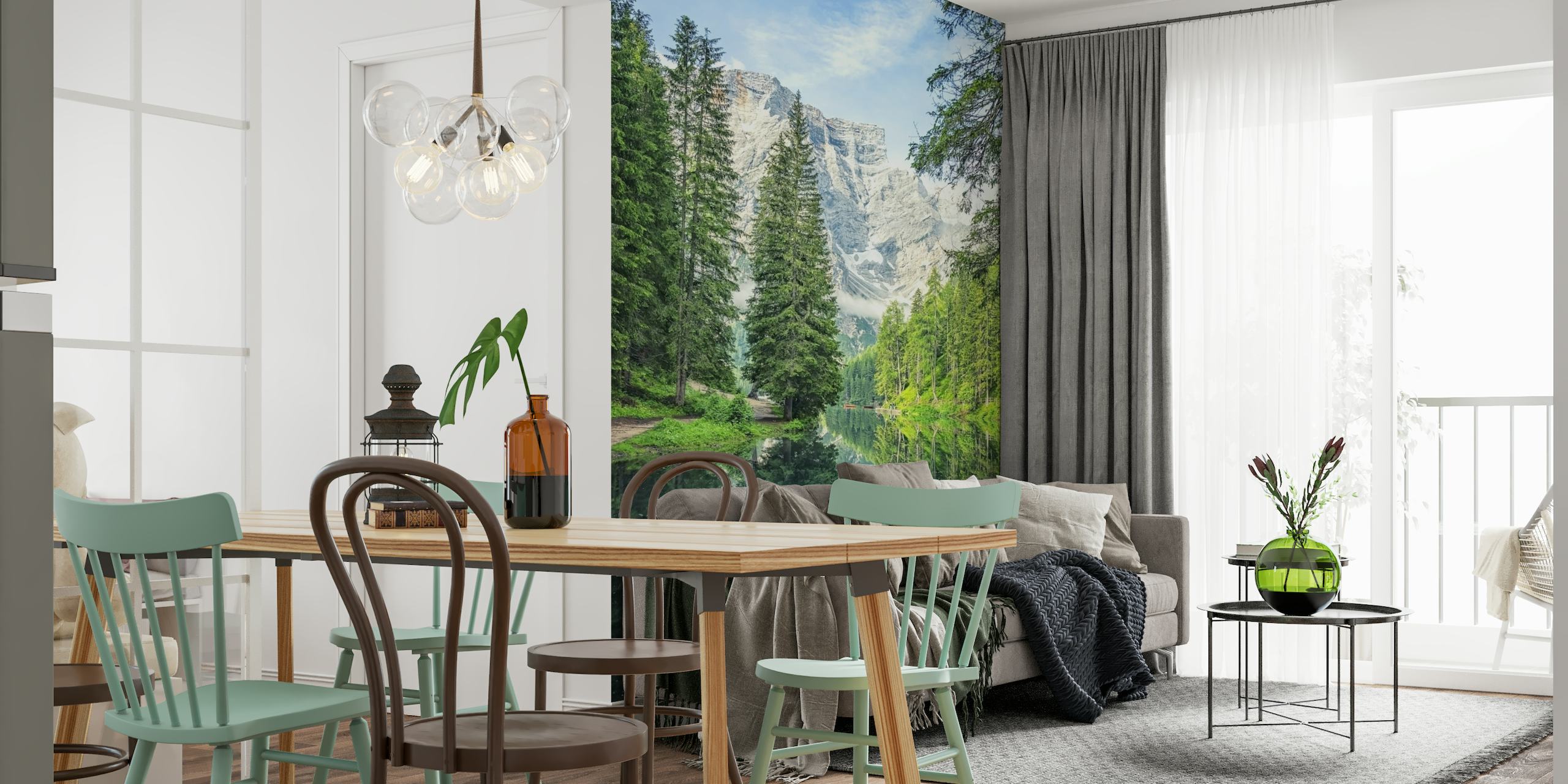 Mural de Pragser Wildsee que muestra el lago alpino y las montañas Dolomitas