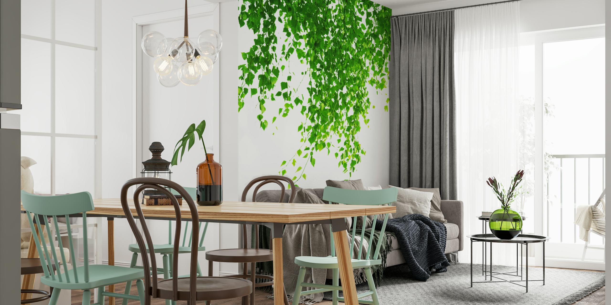 Green hanging leaves against a white background wallpaper