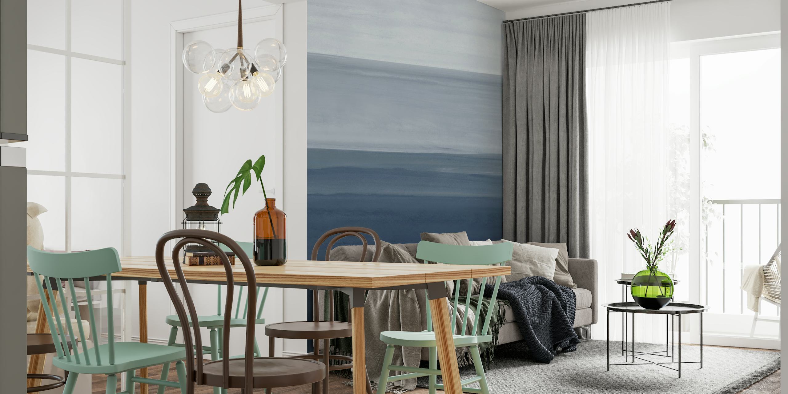 Elegante indigoblauwe gradiënt muurschildering met minimalistisch streepontwerp