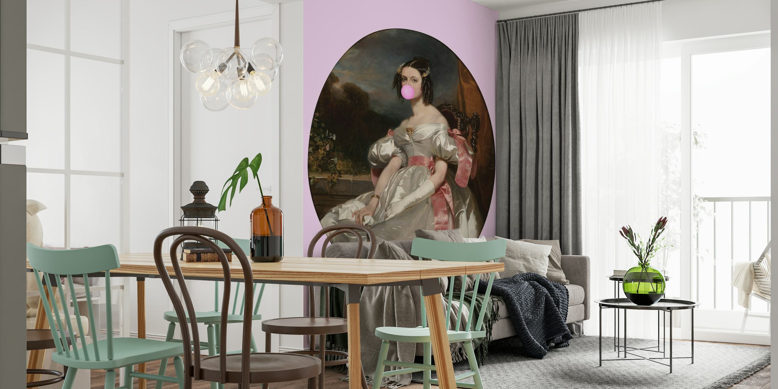 Historical portrait with modern twist featuring Pink Bubble-Gum Lady V