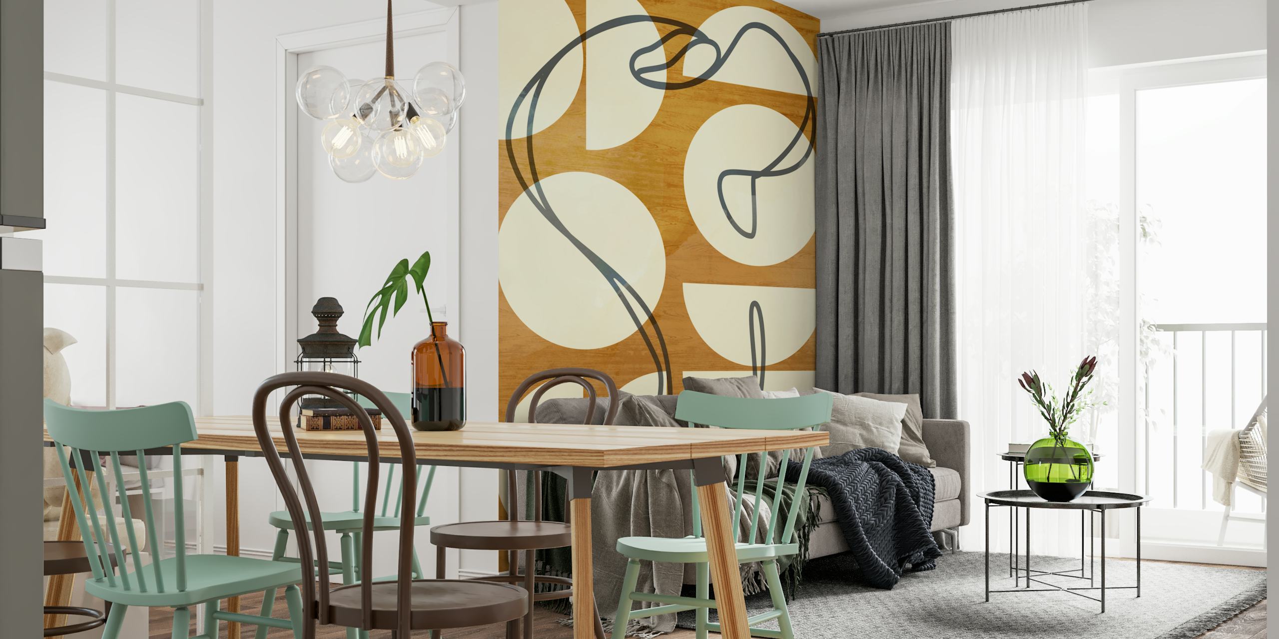 Geometric cream shapes and lines on a wood background wallpaper