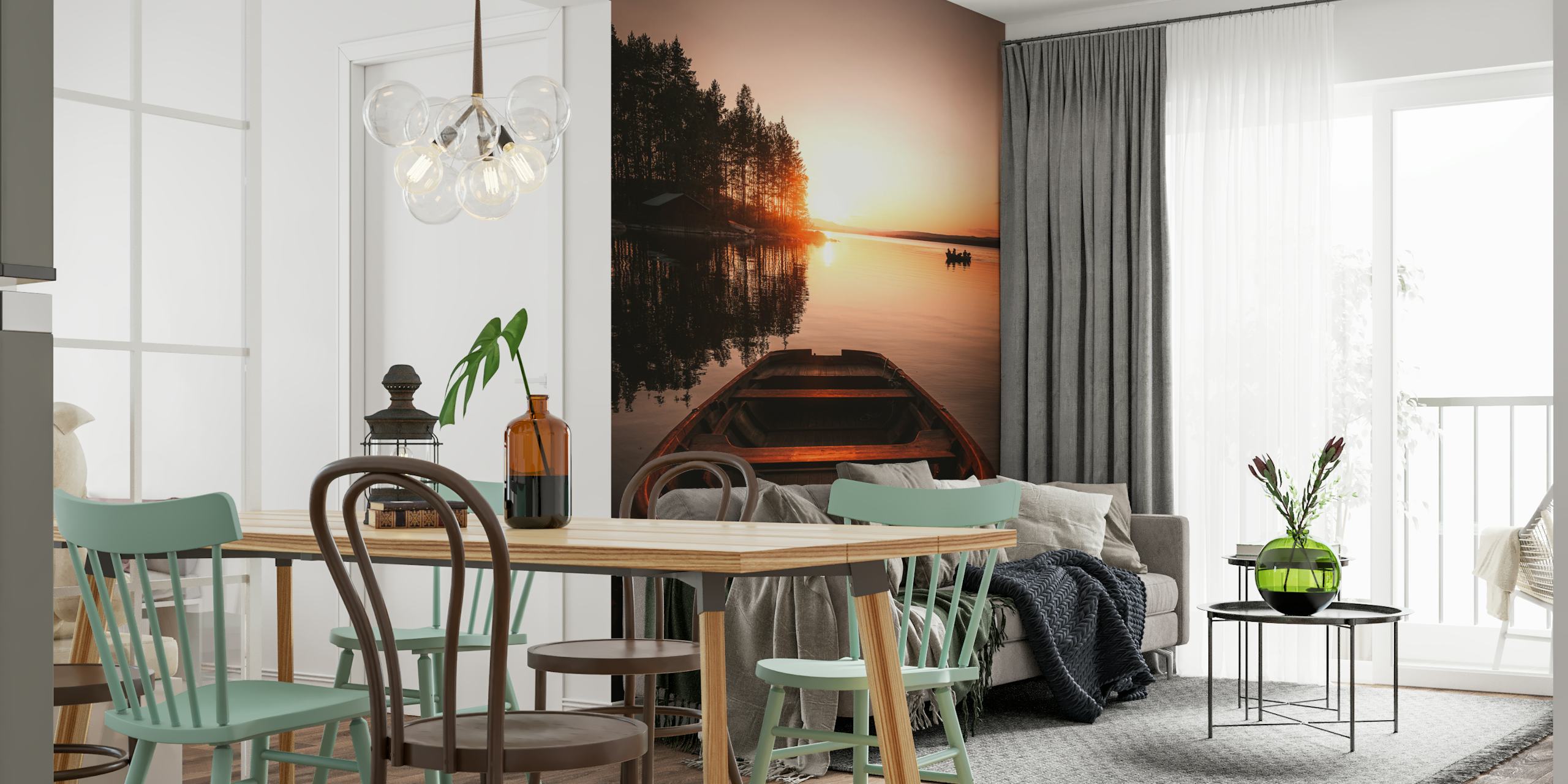 Boat on calm water at sunset with trees reflecting wallpaper
