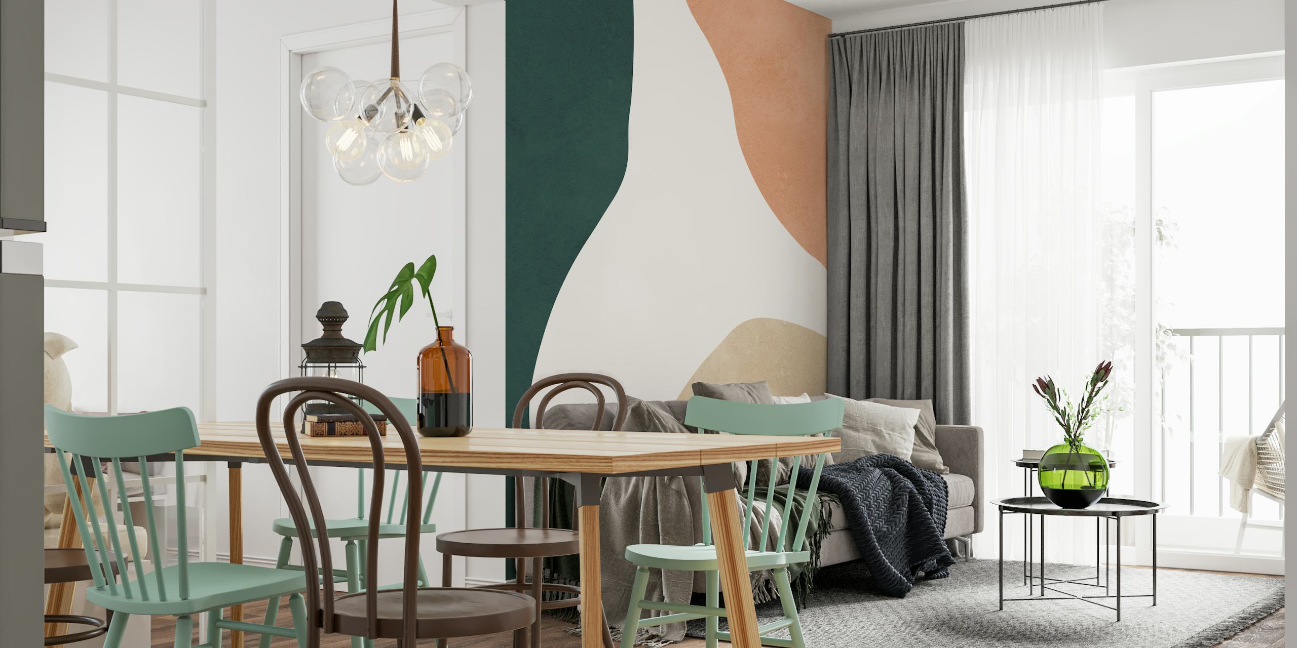 Green, peach, and beige abstract shapes wallpaper