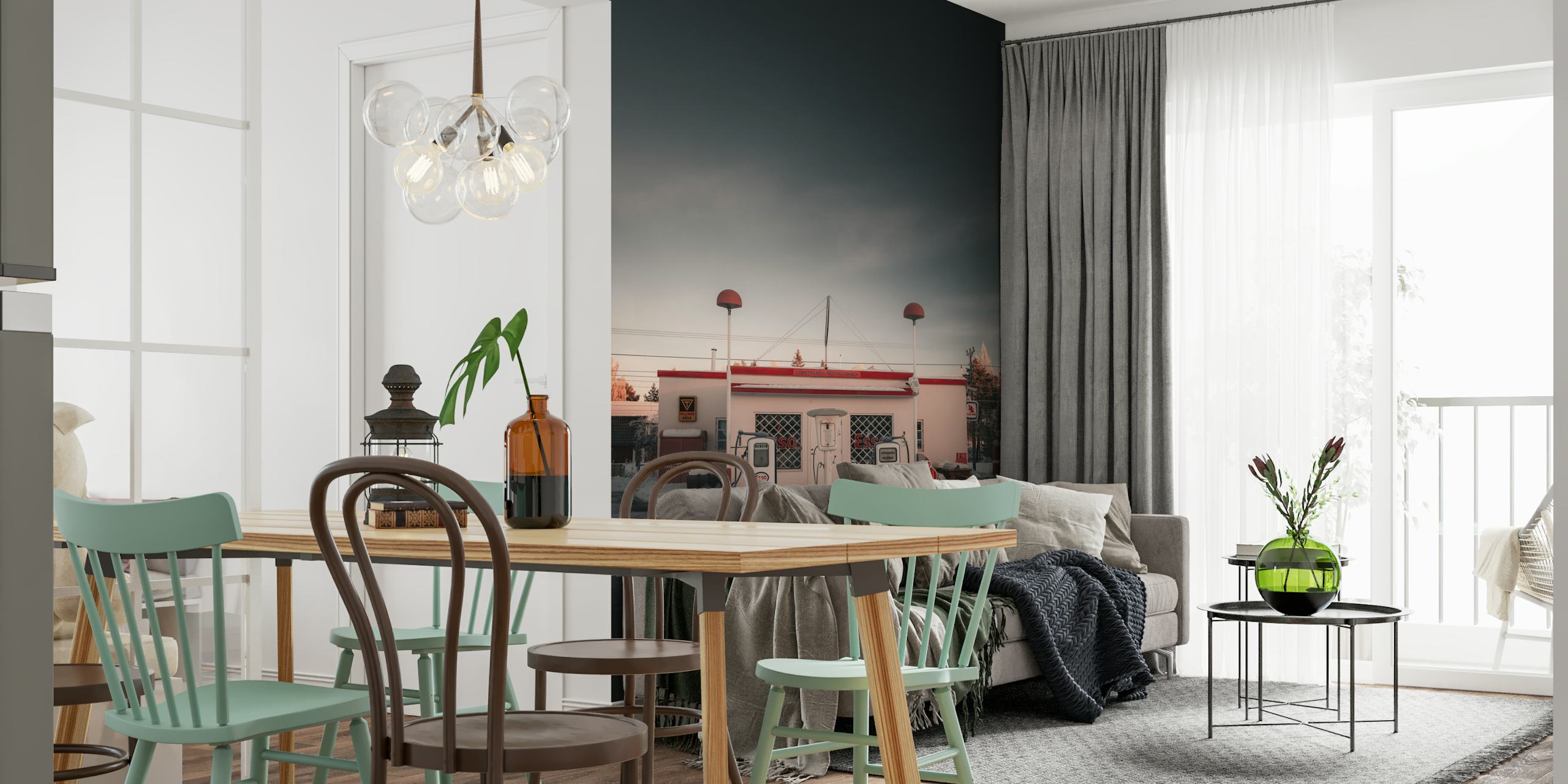 Vintage gas station with white and red details, retro style wallpaper