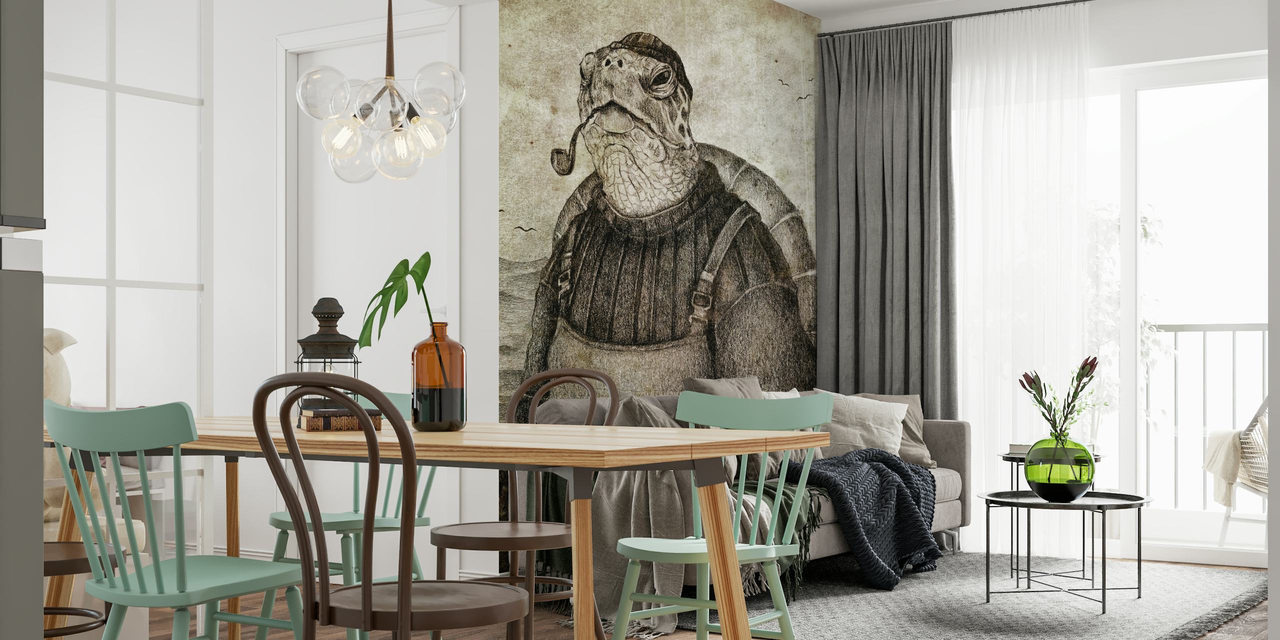 Nautical-themed wall mural featuring a rustic sea captain standing firmly, with a sepia vintage backdrop.