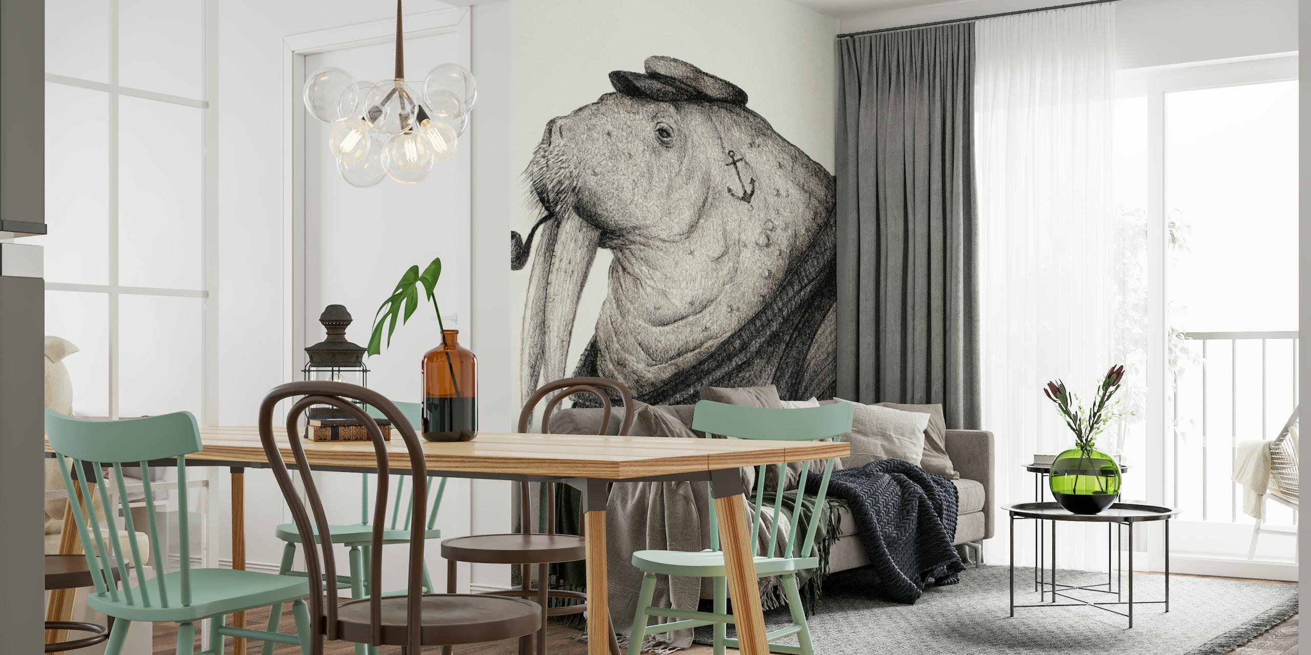 Grillige walrus zeeman illustratie muurschildering
