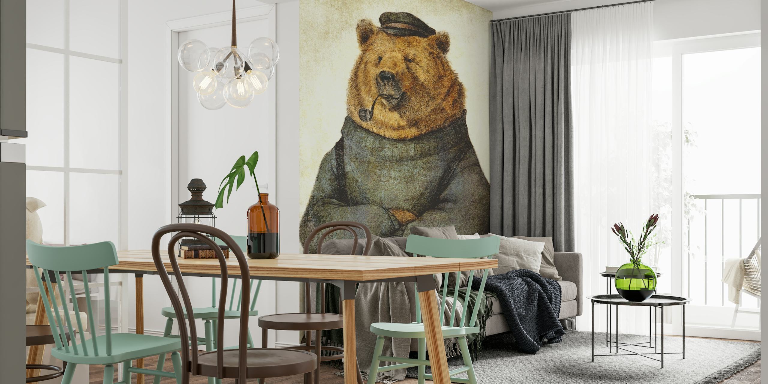 Ilustración de un oso vestido como un marinero pensativo con una pipa