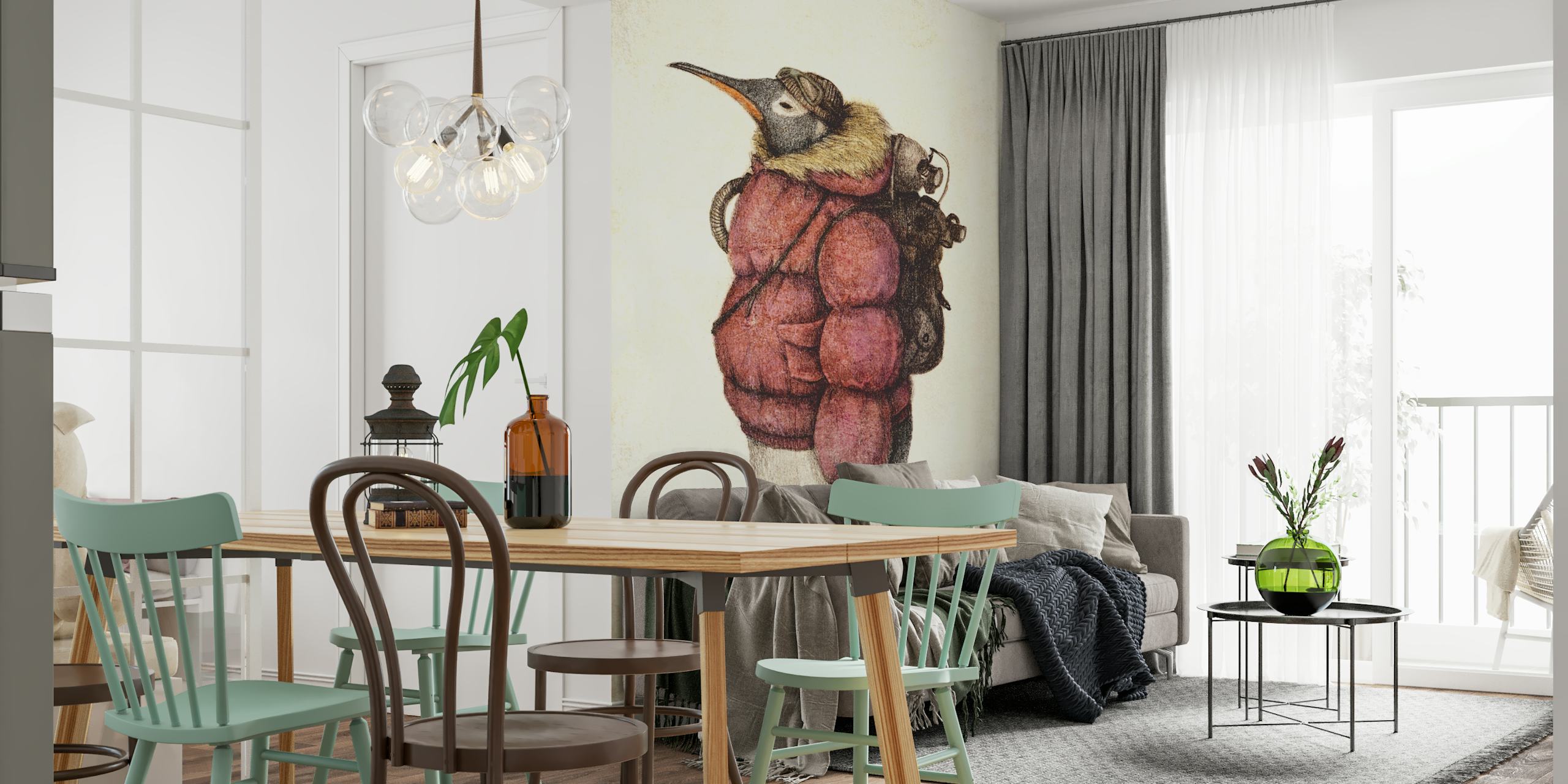 Whimsical penguin wallpaper in a room