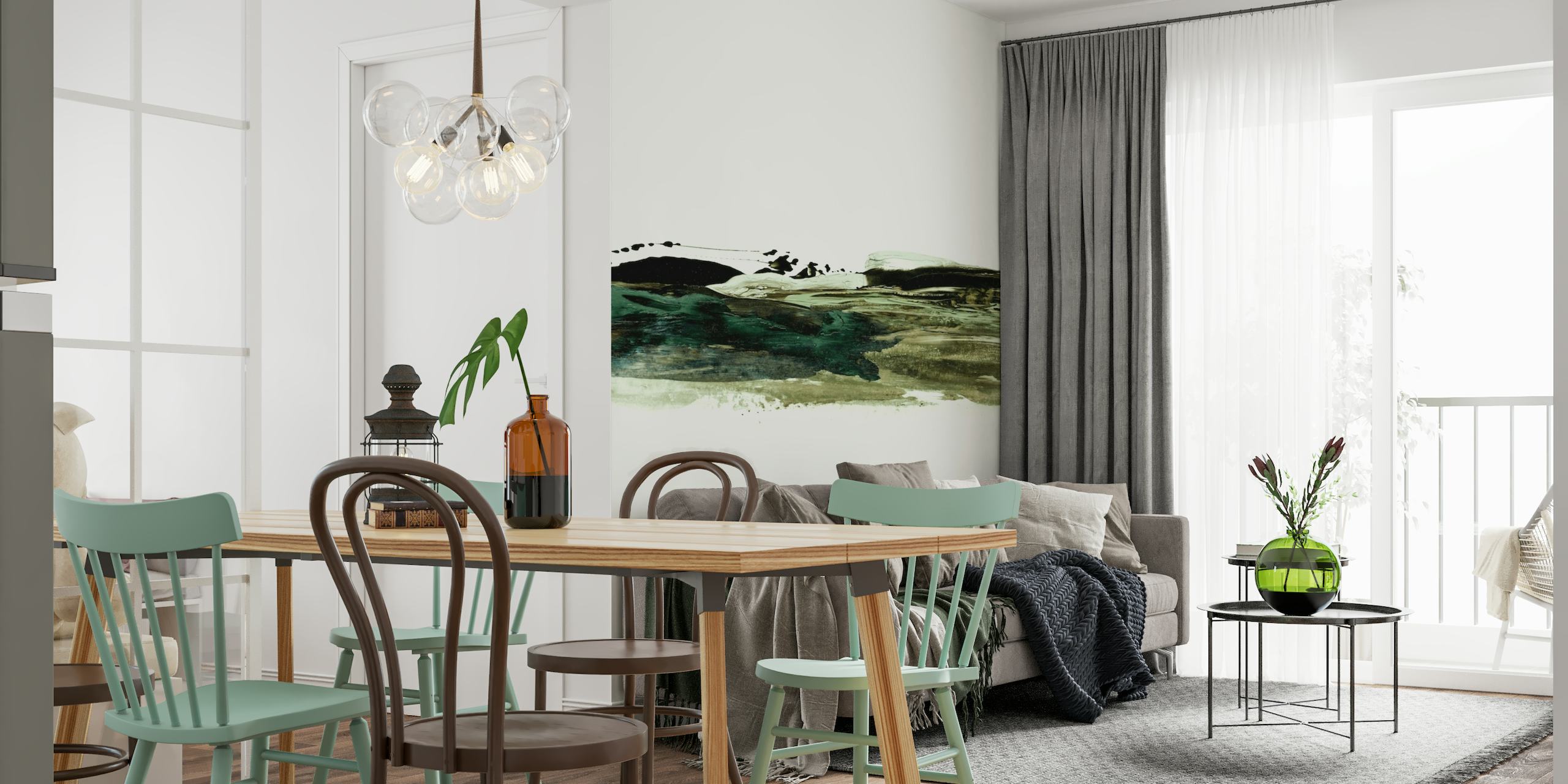 Abstract landscape wall mural featuring earthy green and deep black shades, titled 'SoulScape'.