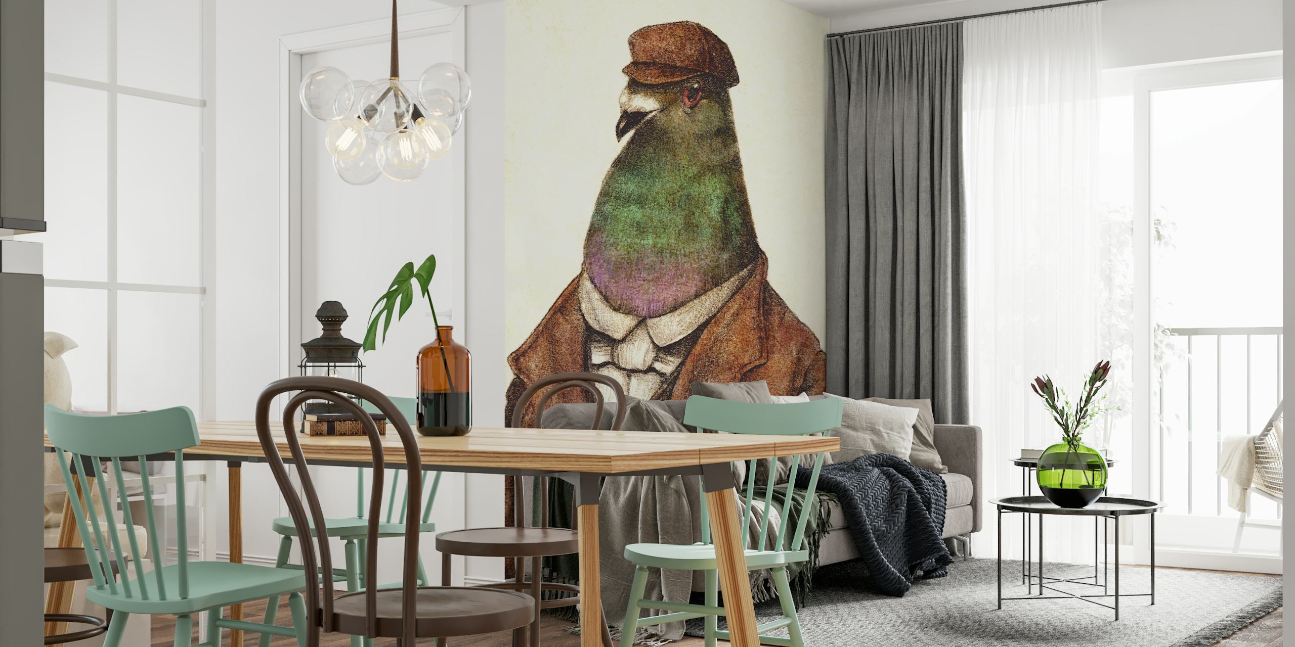 Whimsical pigeon wallpaper in a room