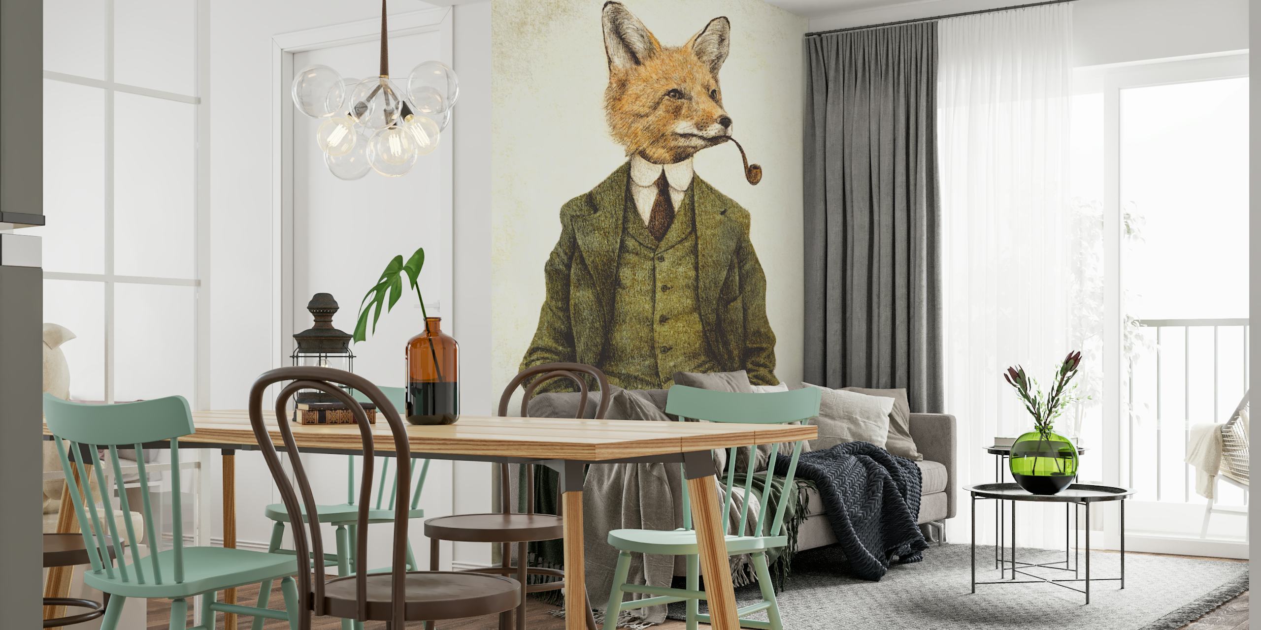 Fox character in a suit with a pipe, vintage style wallpaper