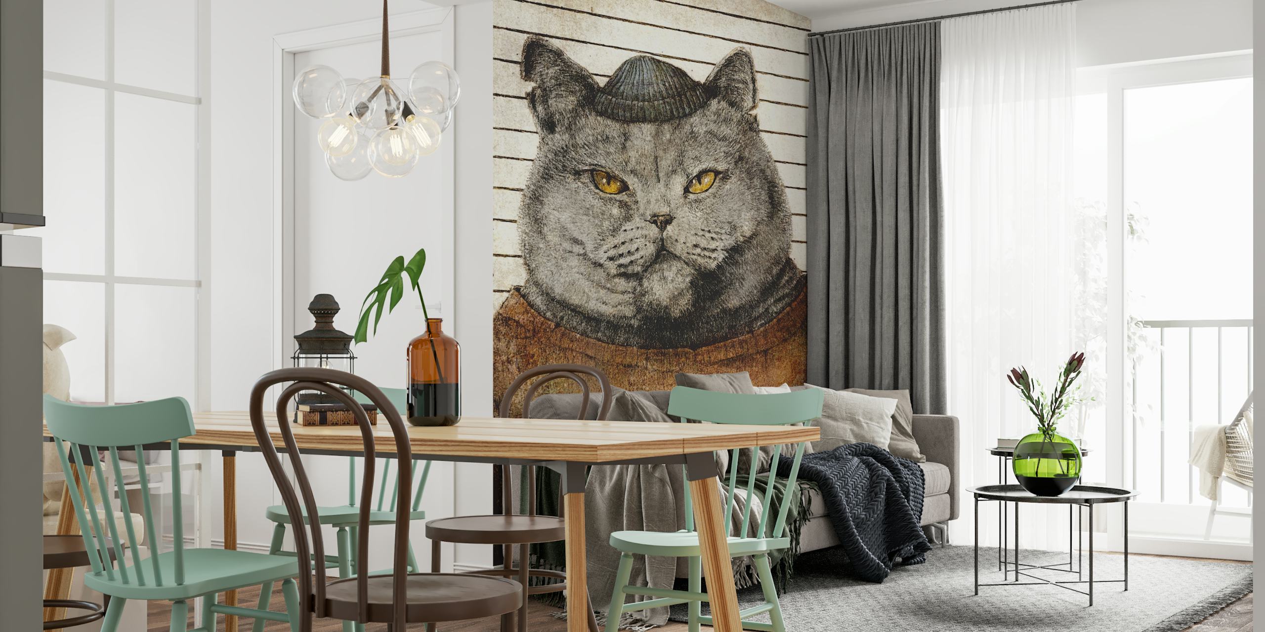 Whimsical cat wallpaper in a room