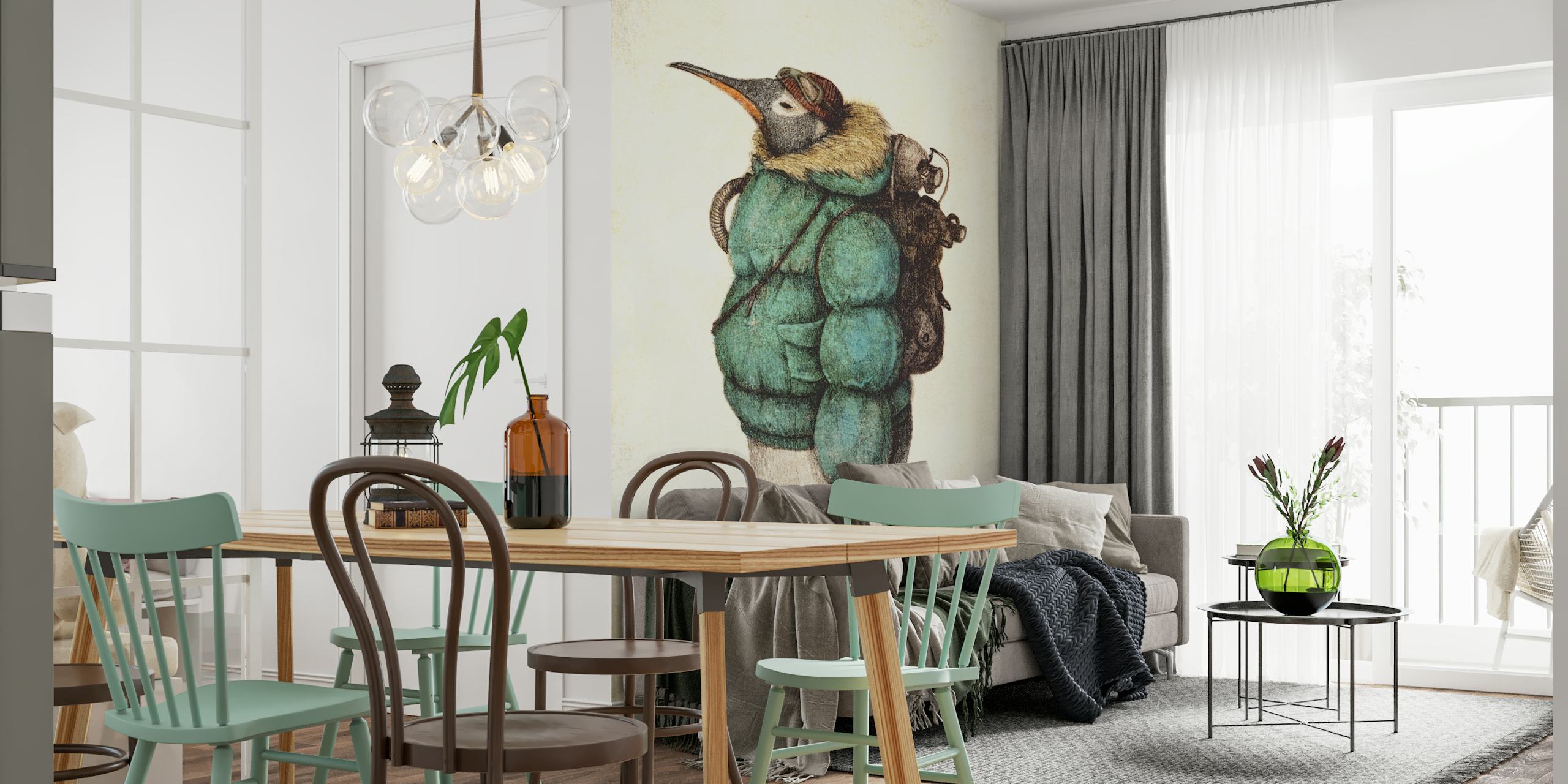 Penguin wearing a green jacket and backpack art wallpaper