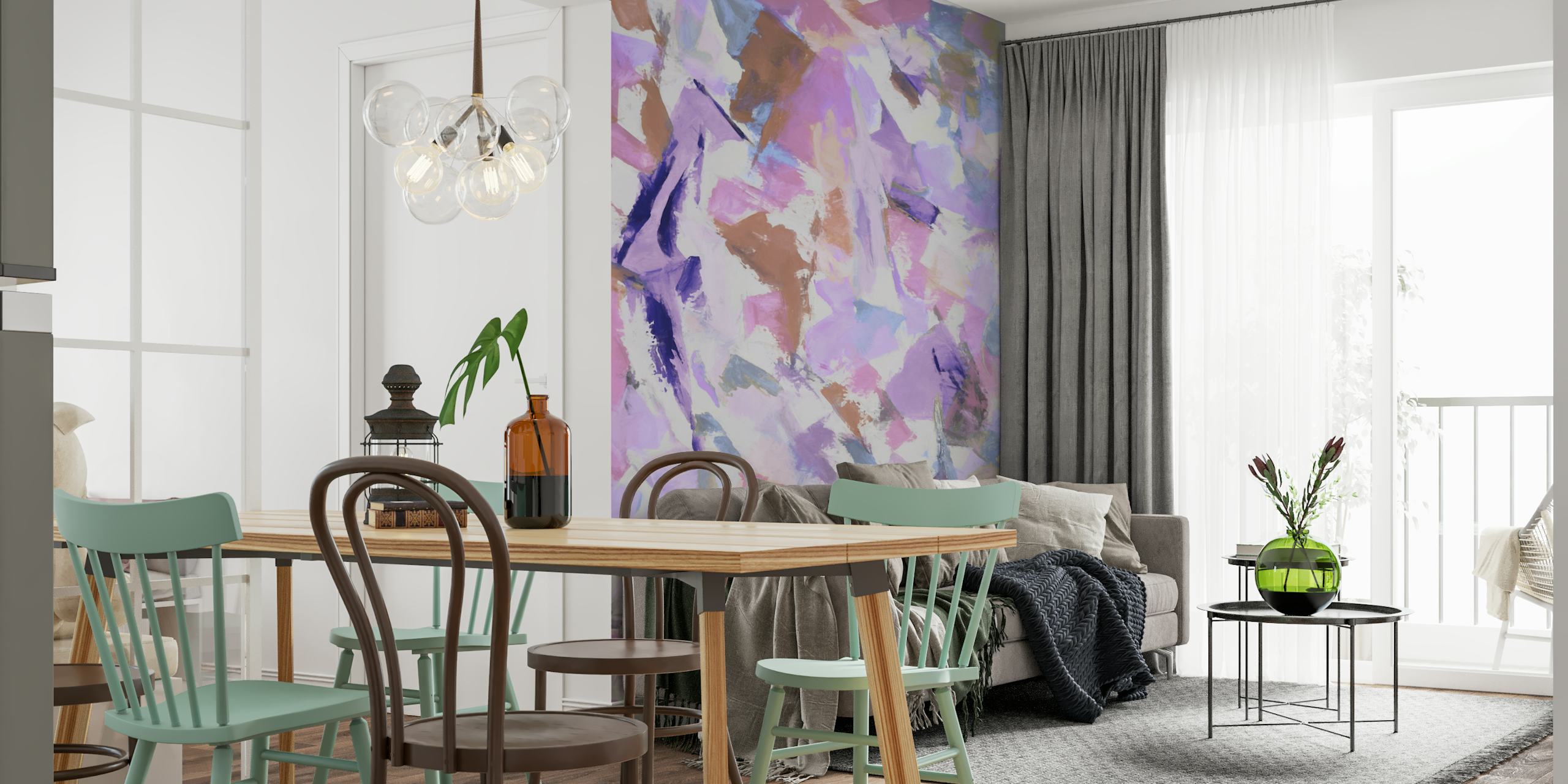Muurschildering met abstracte penseelstreken in zachte paars- en rozetinten met hints van blauw en bruin