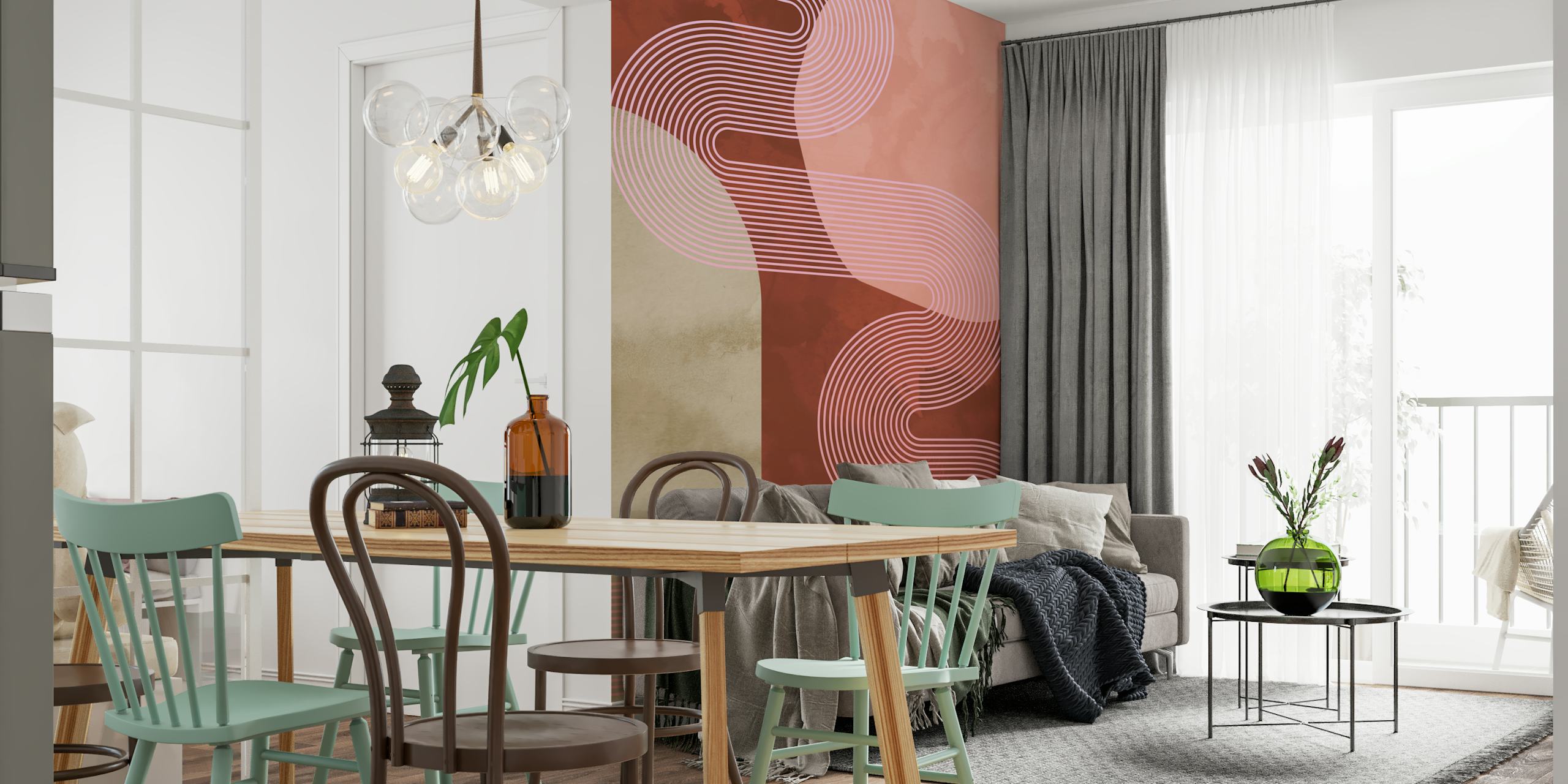 Vægmaleri i jordfarvede farver med retro 70'er kurvede linjer design