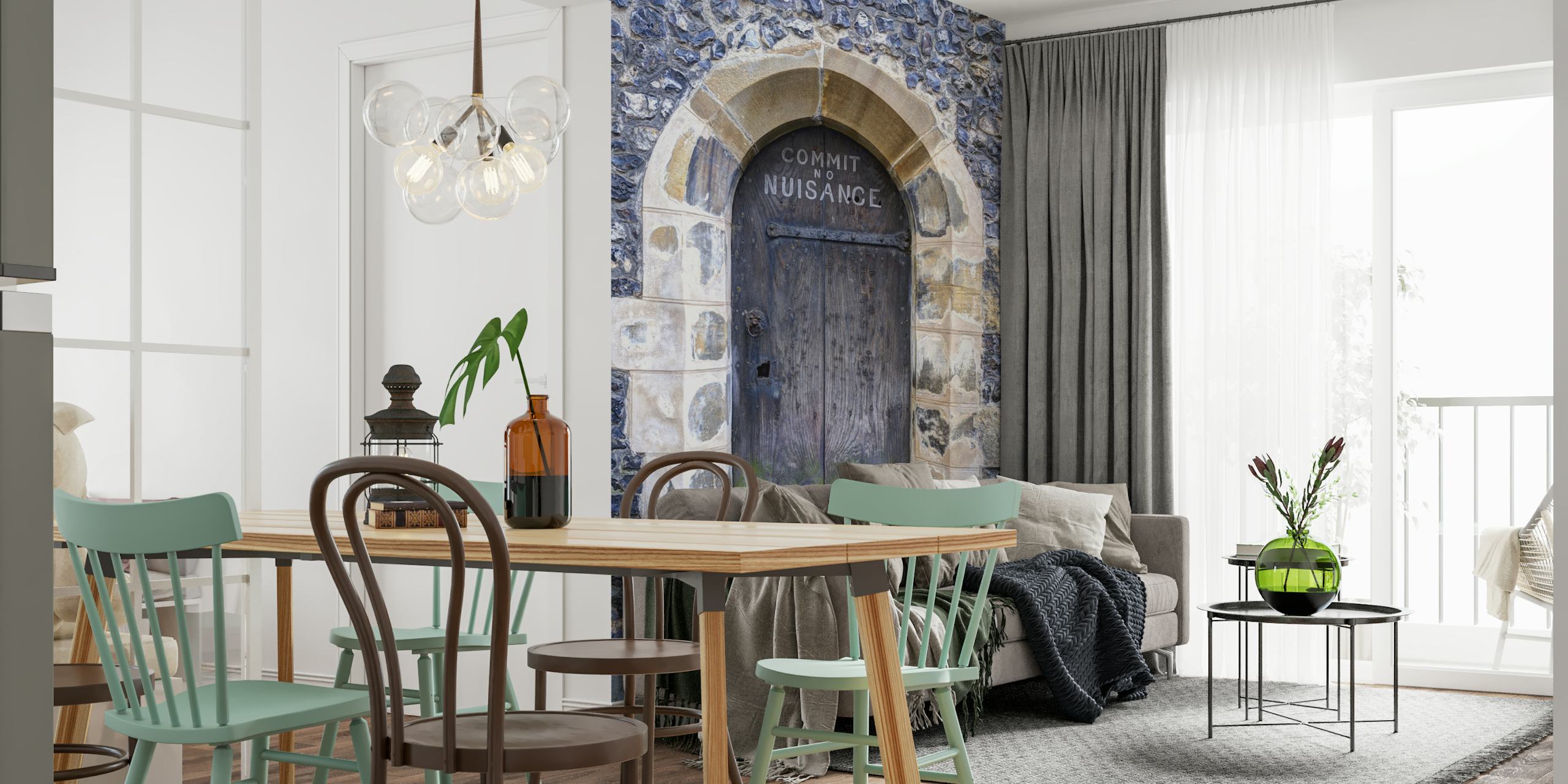 Weathered stone wall with an arched doorway and text 'COMMIT NO NUISANCE' wallpaper