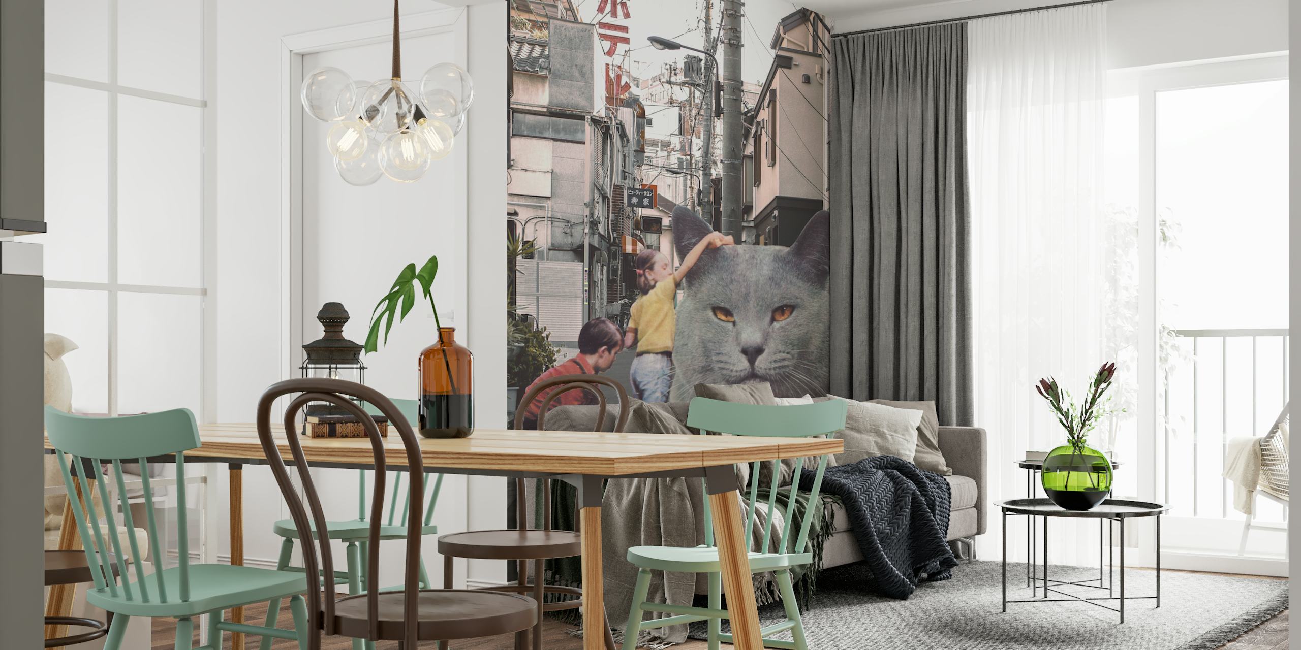 Murale con bambini e gatti giganti in una scena di strada a Tokyo