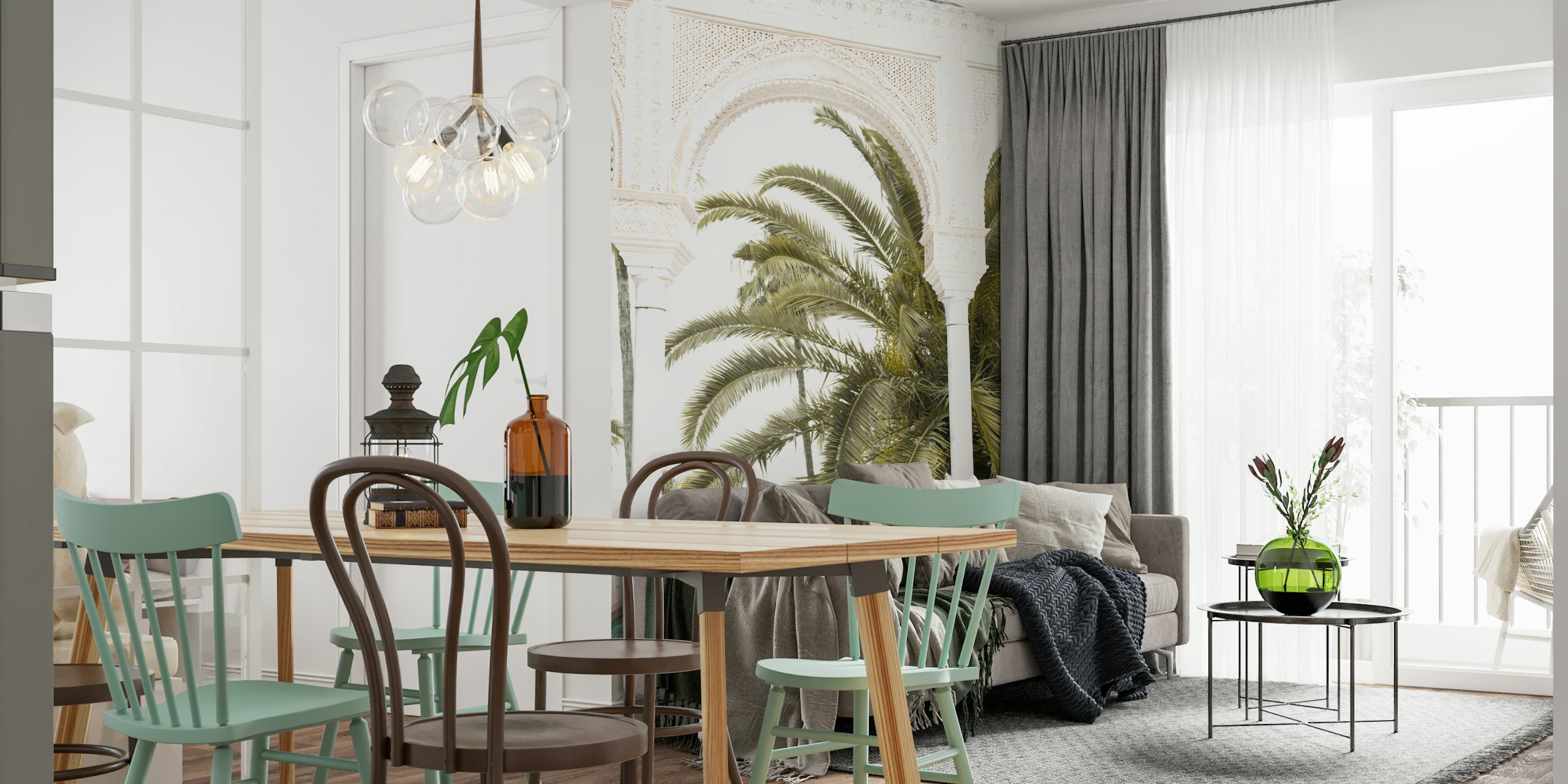 Tropical palm trees and geometric tile design wallpaper
