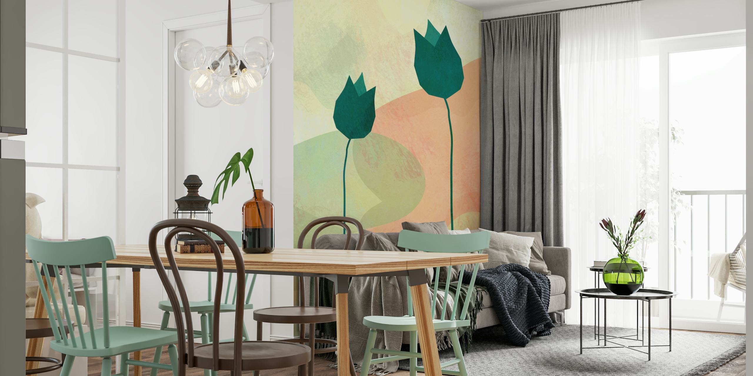 Green tulips on a soft pastel background wallpaper