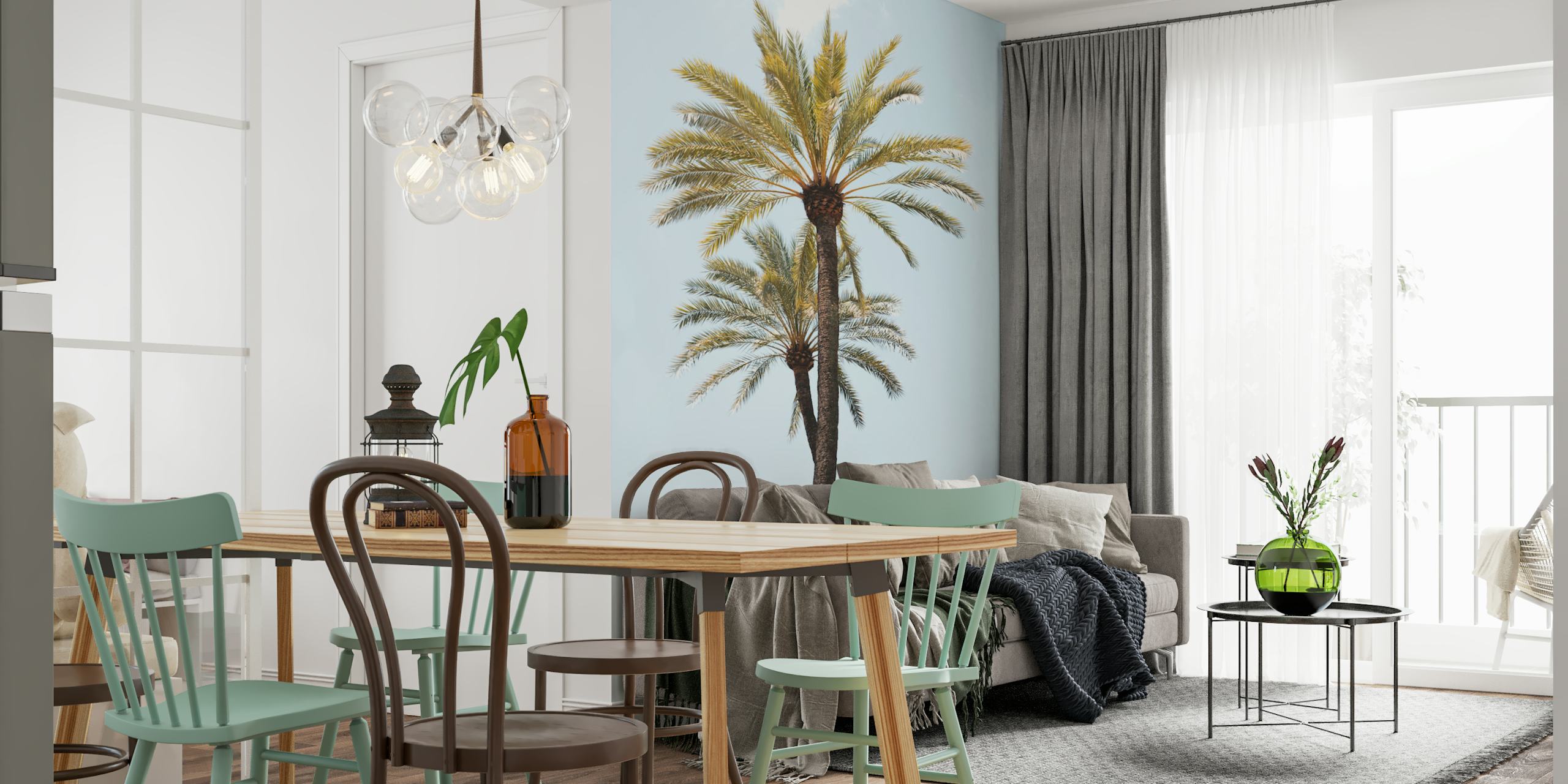 Two tall palm trees against a blue sky wallpaper