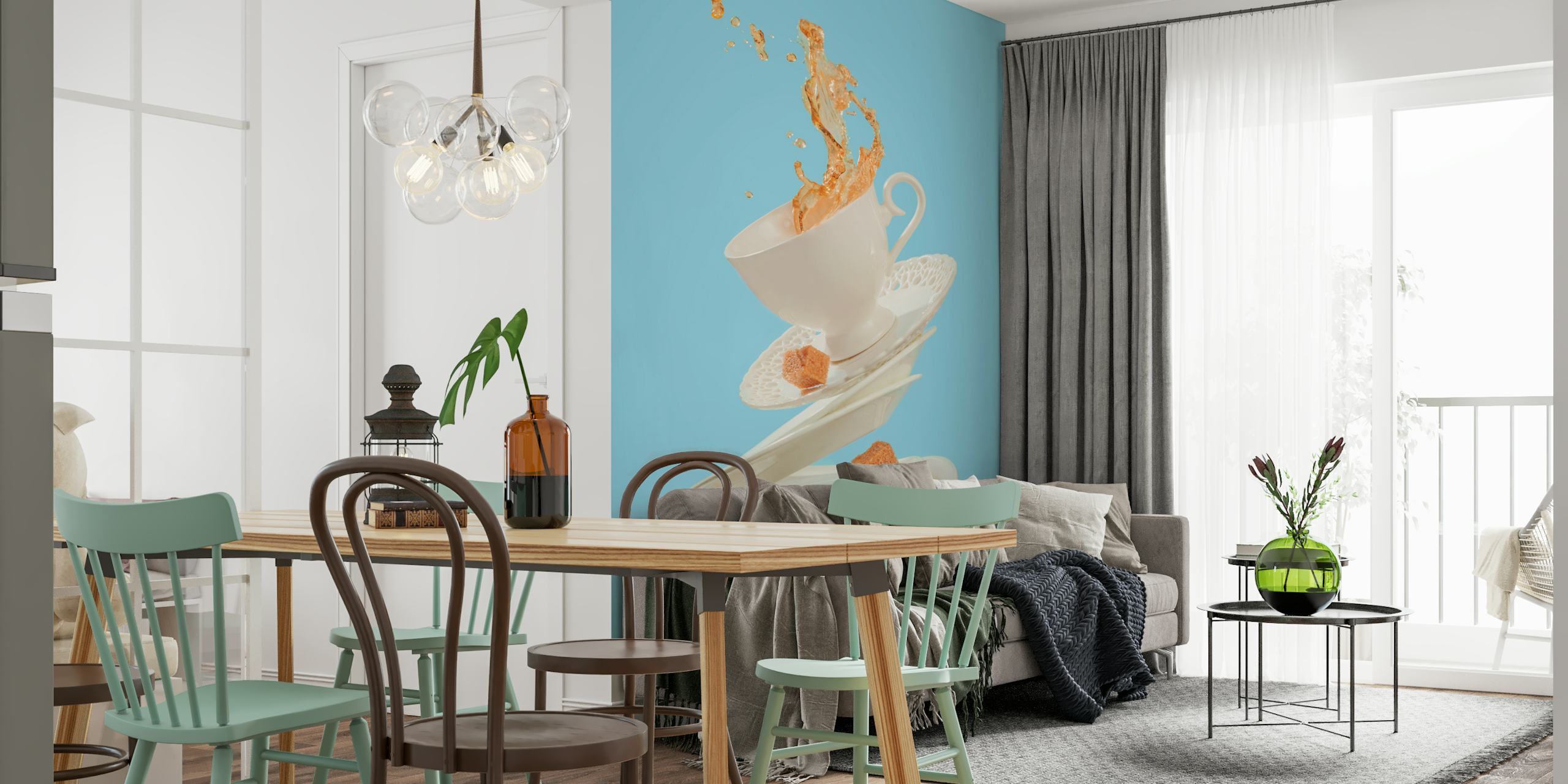 White coffee cup splashing coffee with floating plates and sugar cubes against a blue background wallpaper