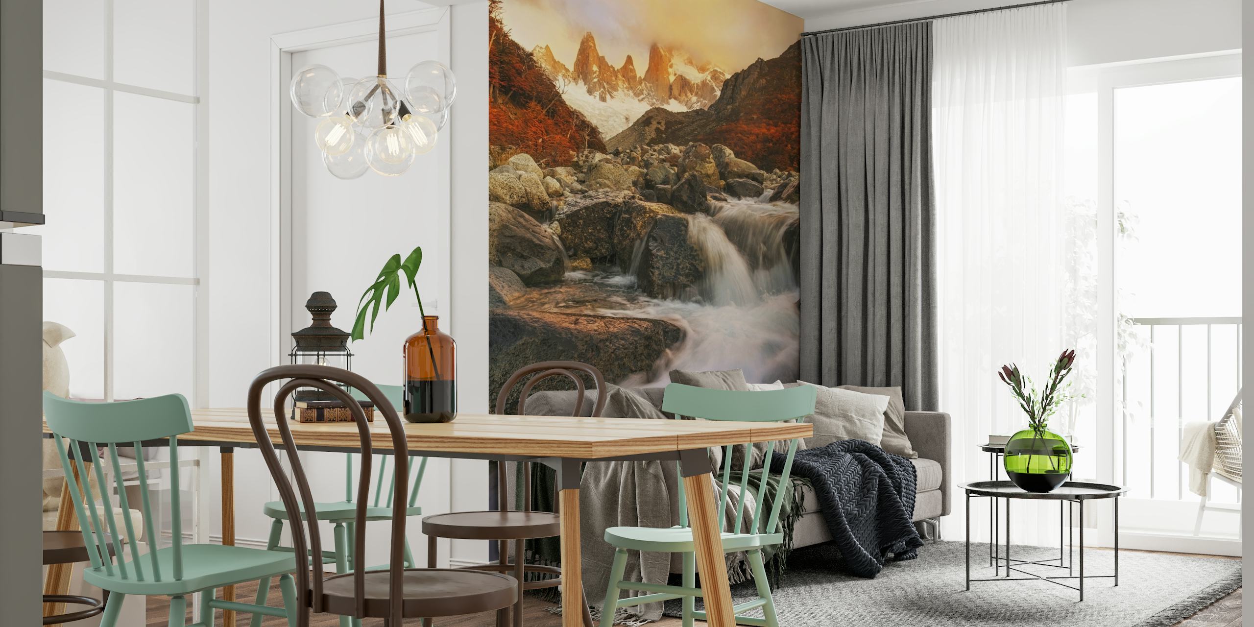Wall mural of an autumnal landscape with flowing river and golden-hued foliage