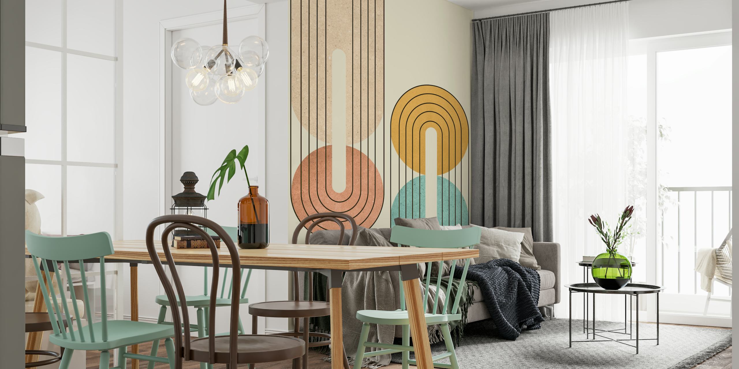 Pastel geometric shapes in pink, yellow, and blue wallpaper