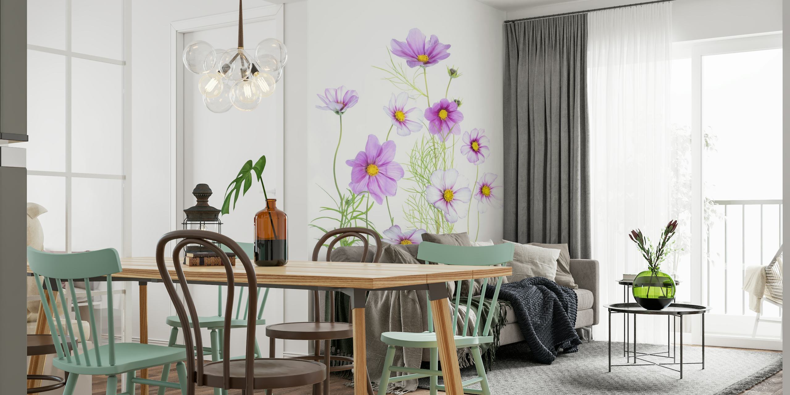 Cosmos flowers wall mural in violet and white