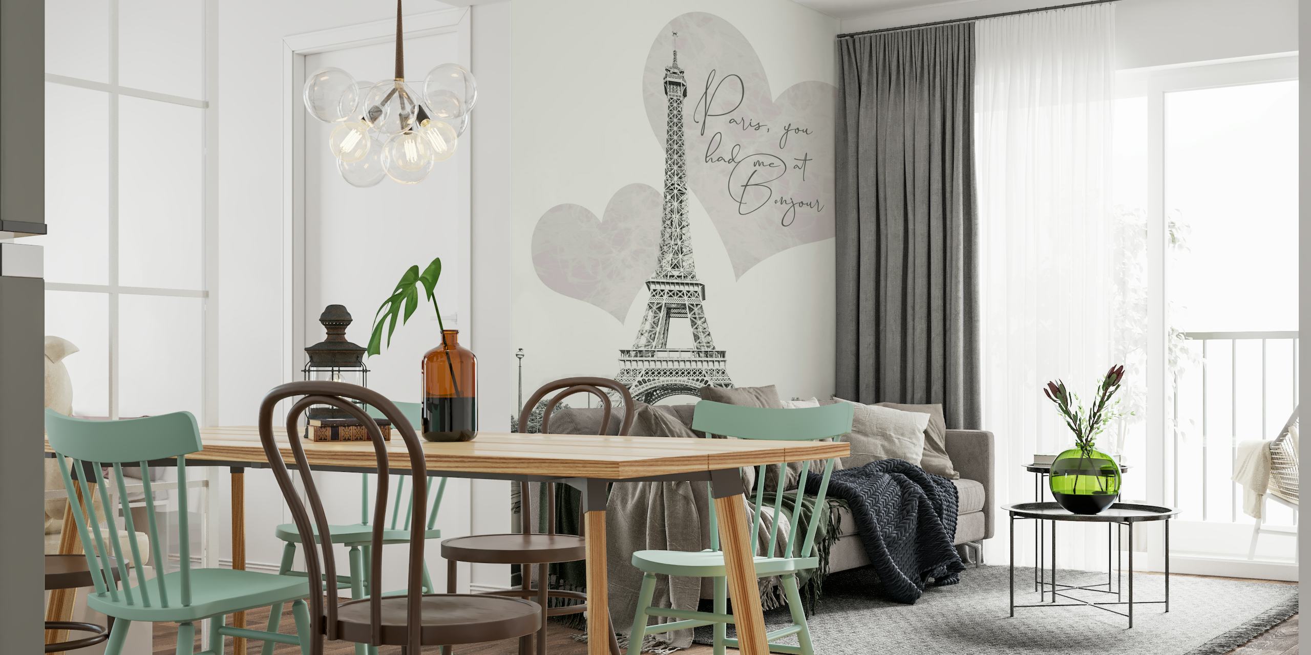 Torre Eiffel con romantiche forme di cuore e murale con citazione "Parigi, mi hai avuto a BONJOUR".