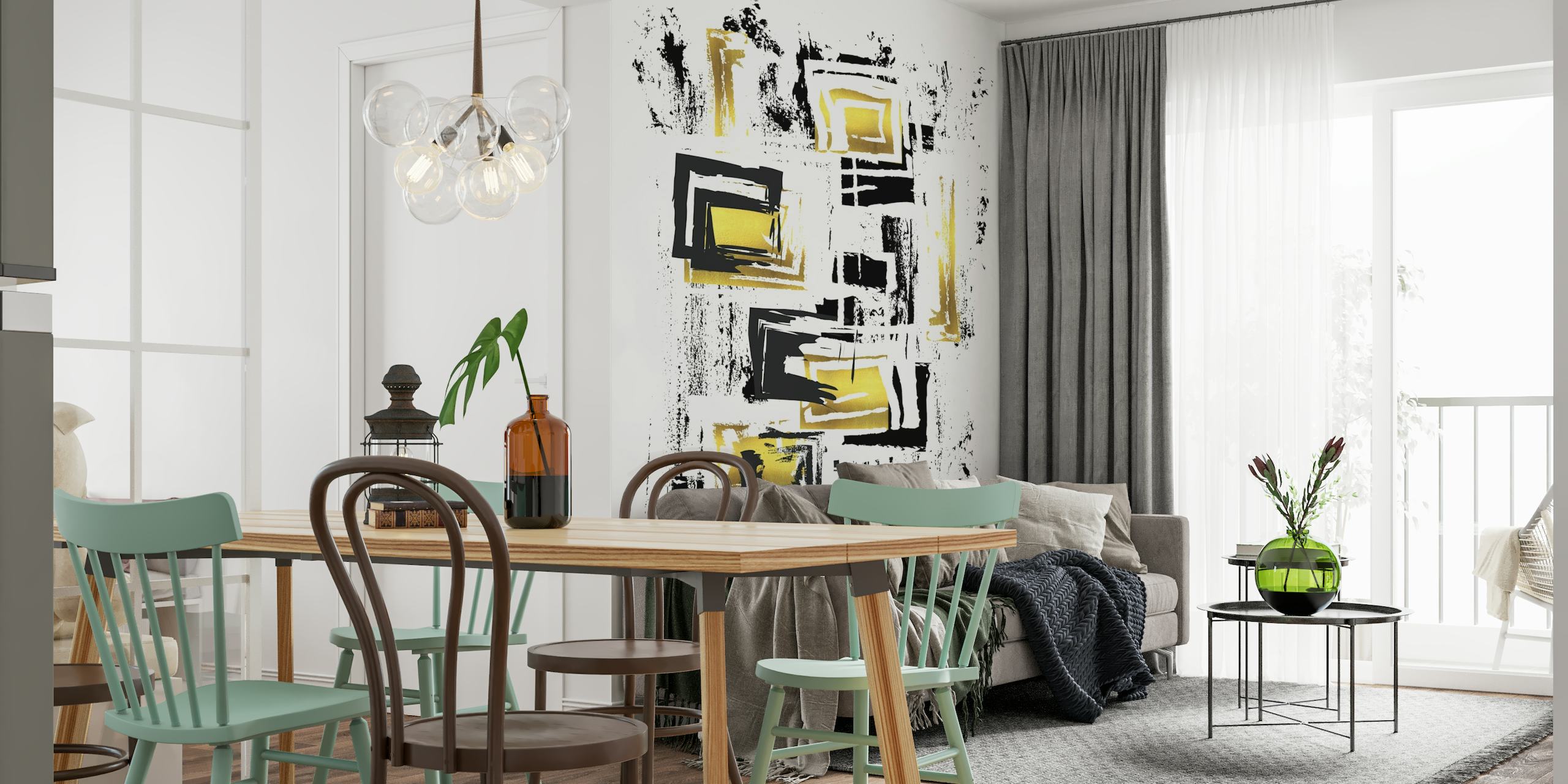 Abstract black and white wall mural with gold accents in square patterns