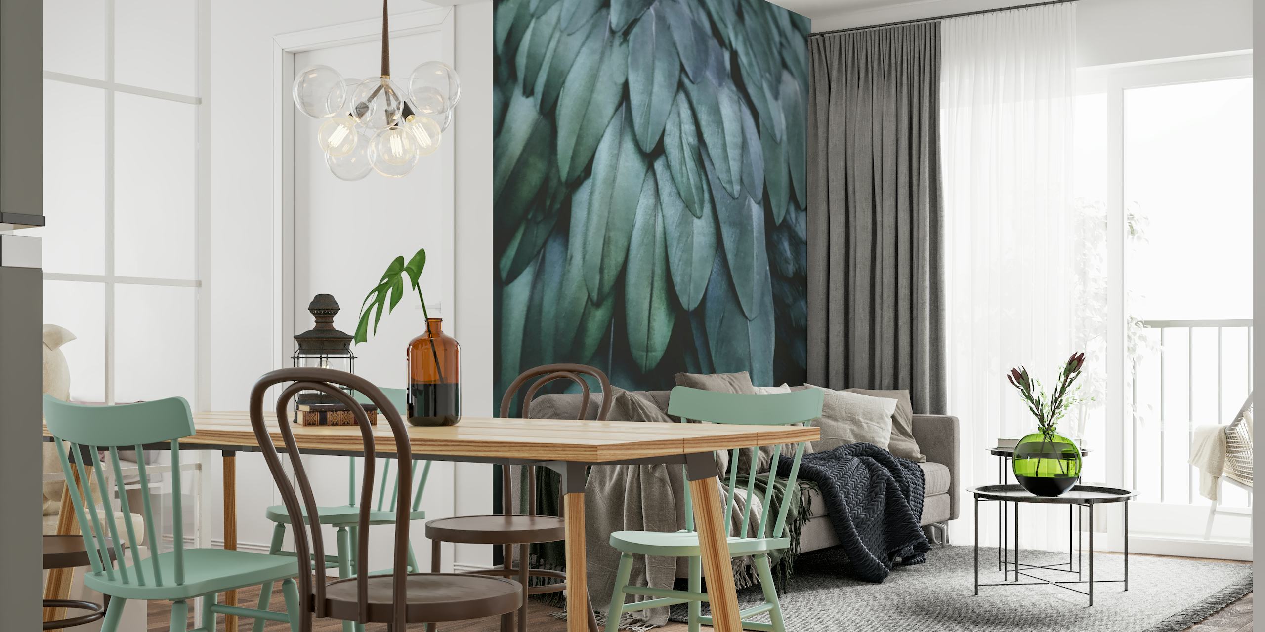 Close-up of feathers in shades of black, teal, and green, creating an elegant wall mural
