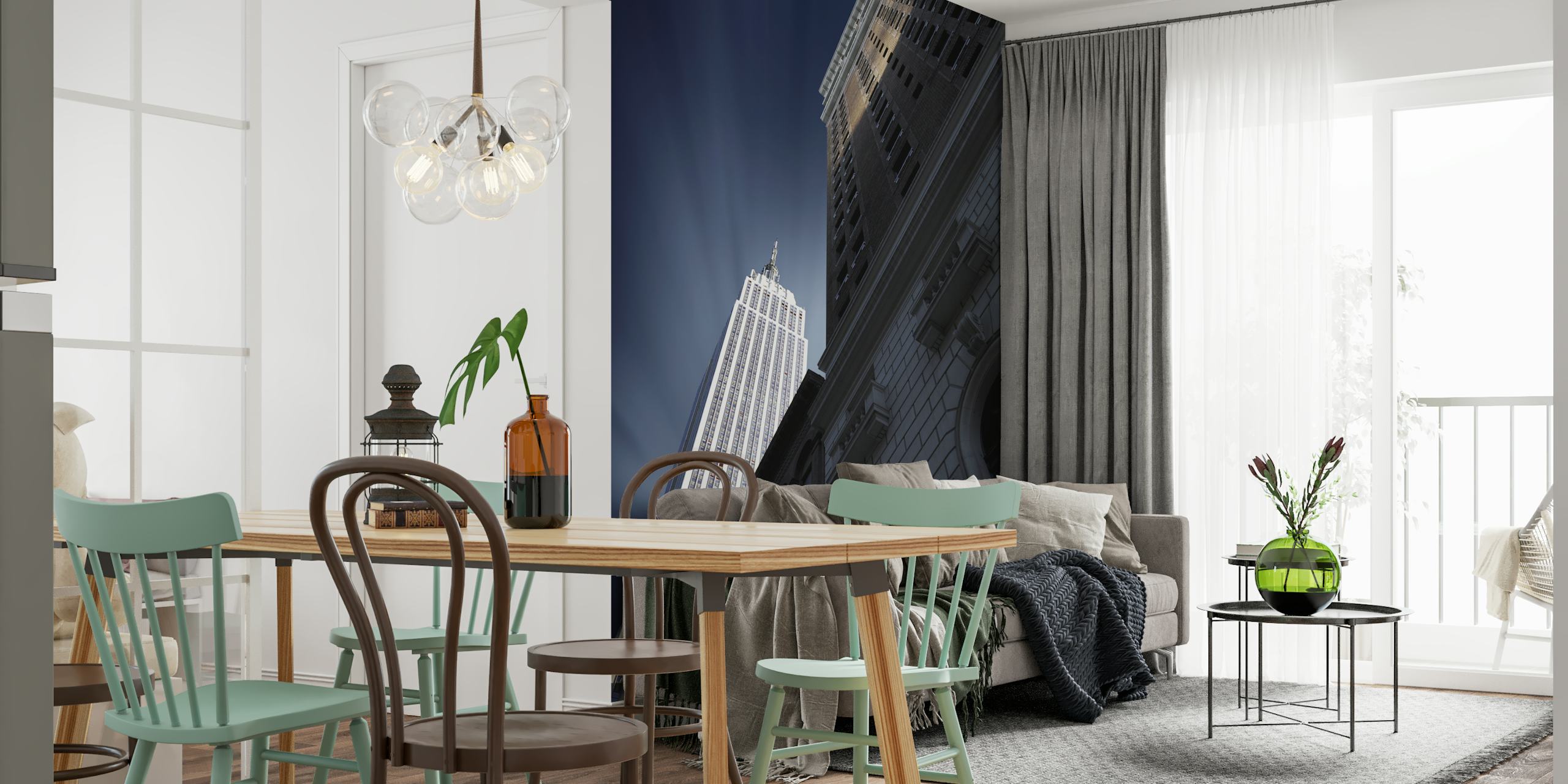 Skyscraper city skyline wallpaper featuring blue and silver tones with architectural details.