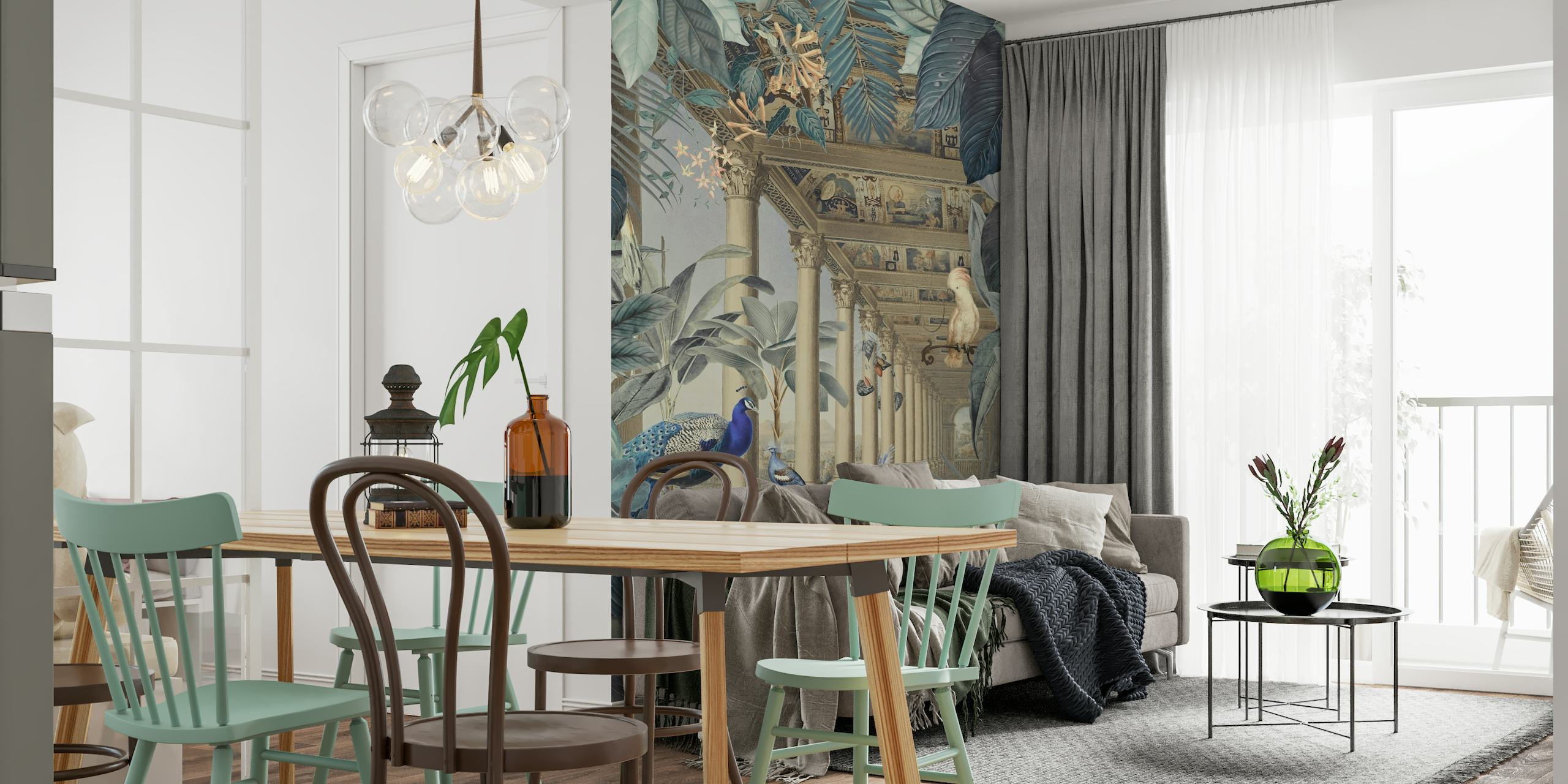 Een fotobehang met pauwthema met een mix van weelderig junglegebladerte en klassieke architectuurruïnes.